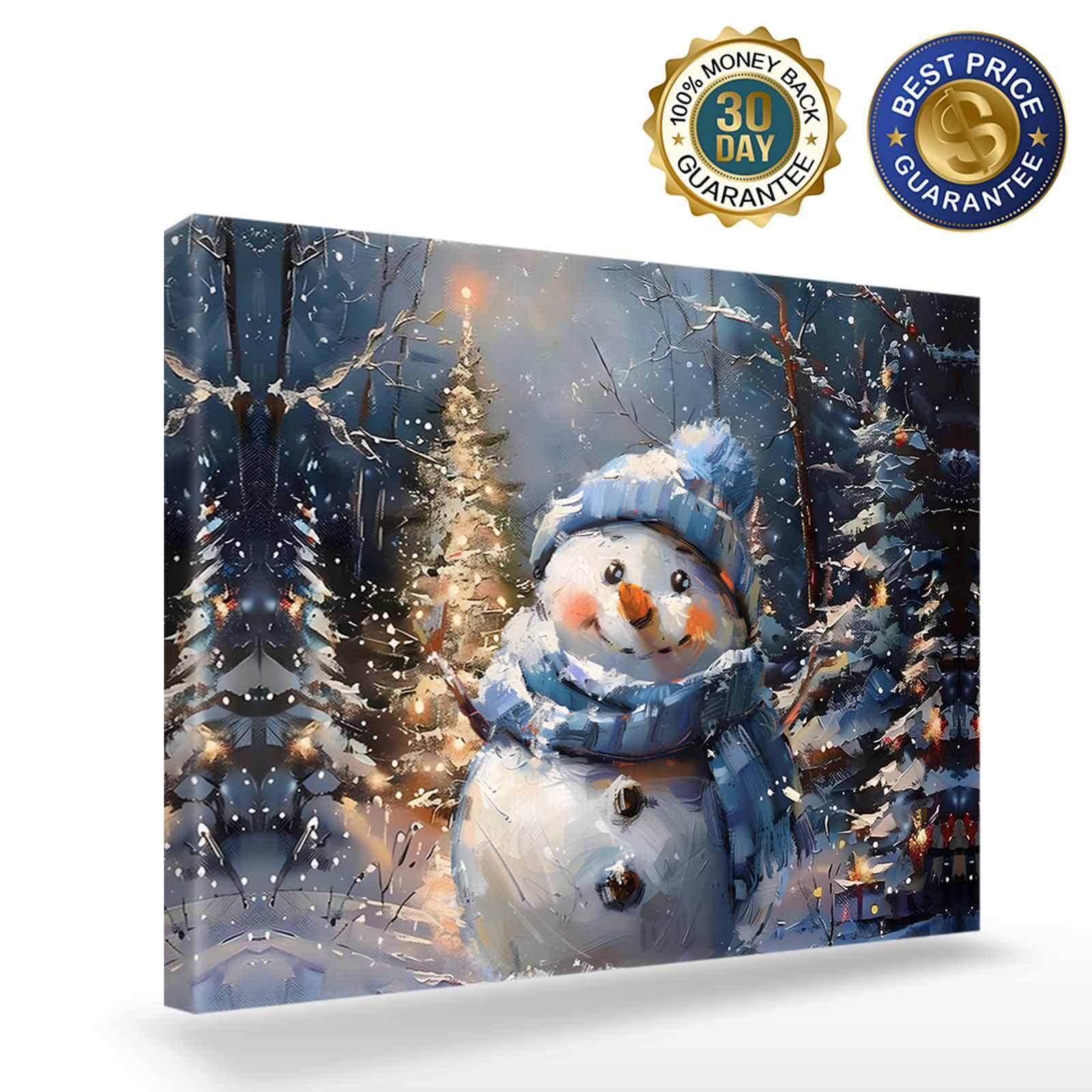 Shine-Home Shine-Home Blue Snowman Wall Art for Living Room/Bedroom, Christmas Tree Shabby Chic Forest Painting Canvas Bathroom Decor Wall Art Kitchen Office Framed Wood Oil Painting Picture, 20\"x24\"