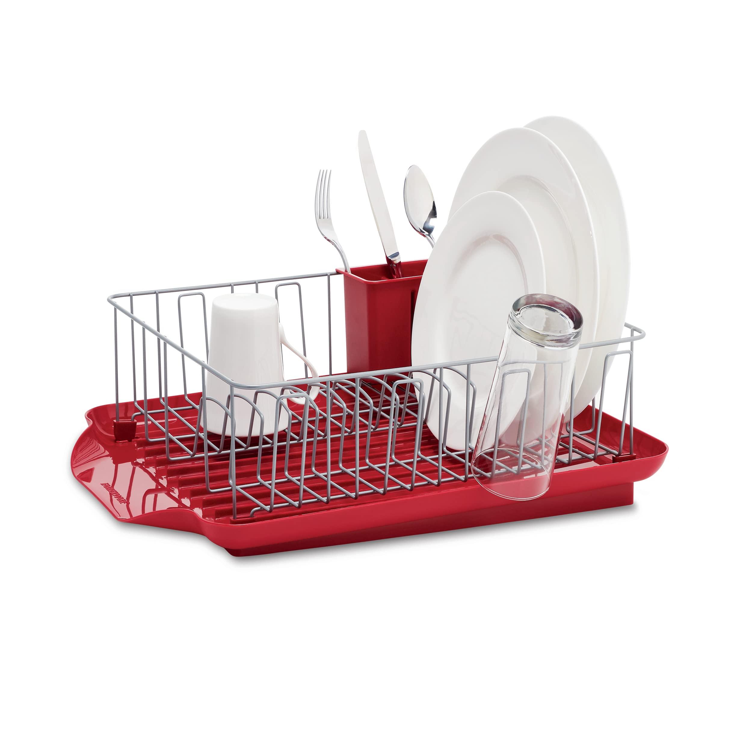 Farberware Farberware Classic Large Rust Resistant Full Dishrack with Removable 3 Compartment Flatware Caddy, Andlged Drain Board, 3-Piece, Red