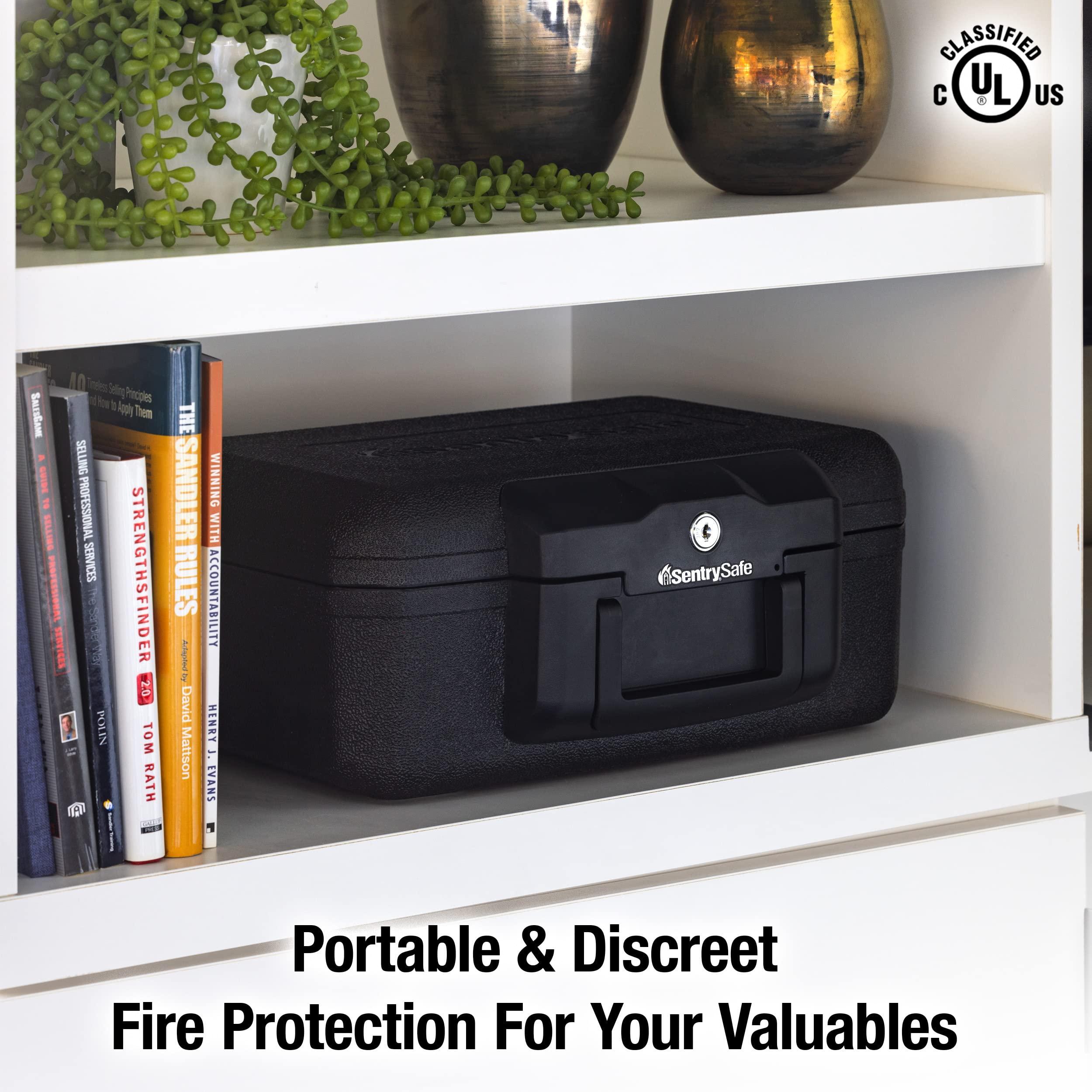 SentrySafe SentrySafe Fireproof Money Safe with Key Lock, Black Lock Box with Portable Carrying Handle for Travel, Exterior: 14.3 in. W x 11.2 in. D x 6.1 in H, 1200