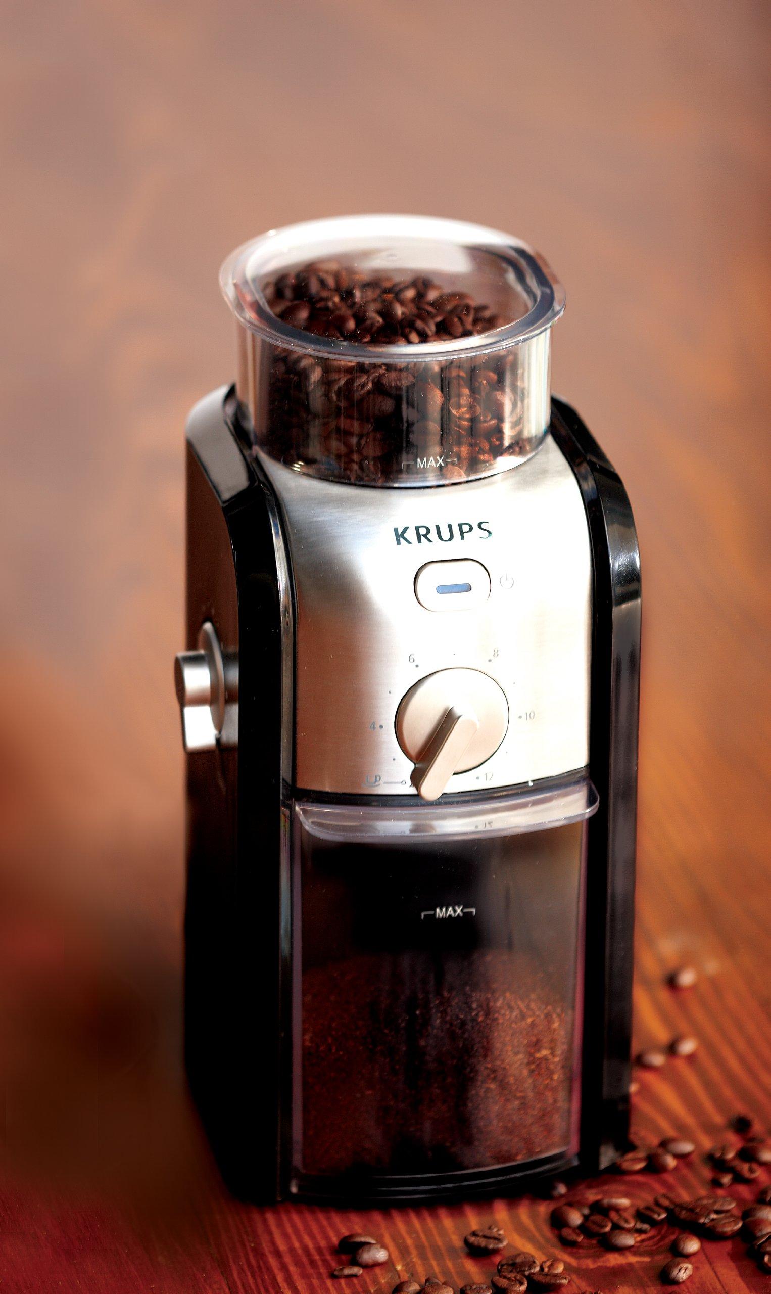 KRUPS KRUPS Grind Size and Cup Selection and Stainless Steel Flat Burr Coffee Grinder, 8-Ounce, Black and Metal