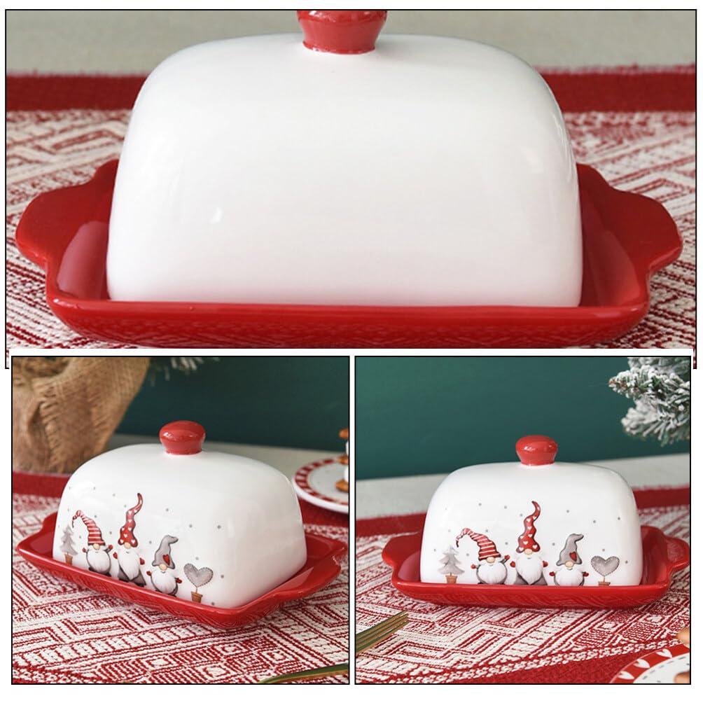 HOLIDYOYO HOLIDYOYO Ceramic Butter Dish with Lid Christmas Butter Holder Butter Keeper Butter Serving Tray with Cover Butter Crock for Countertop Kitchen Refrigerator