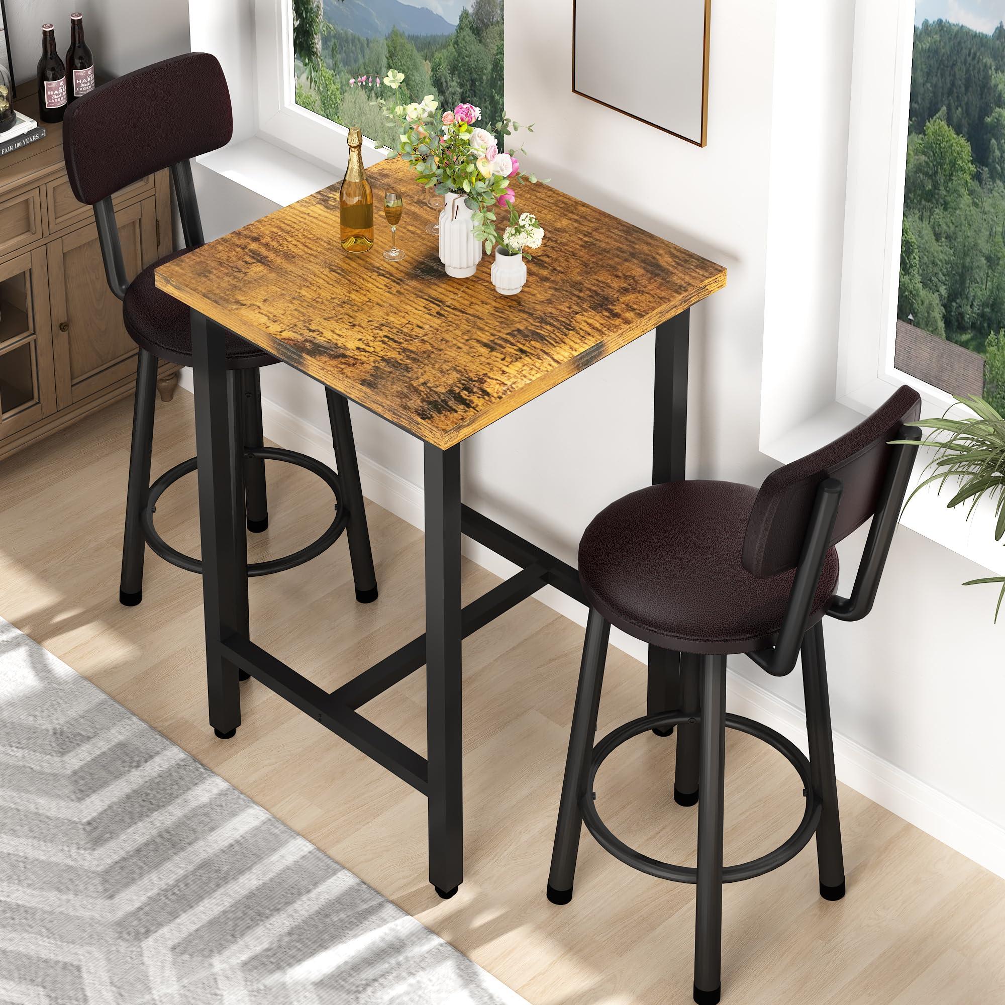 Recaceik Recaceik 3 Piece Pub Dining Set, Modern bar Table and Stools for 2 Kitchen Counter Height Wood Top Bistro Easy Assemble for Breakfast Nook Living Room Small Space Restaurant, Rustic Brown 24