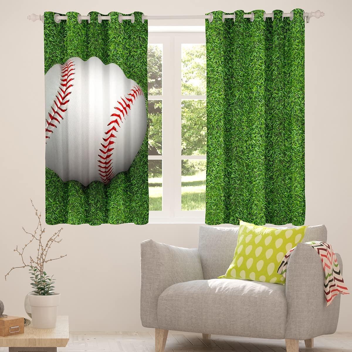 Homewish Baseball Window Curtains,Ball Sports Game Window Drapes for Kids Teens Adult,Grass Stripes Green Spring Summer Window Treatments Grommet Top 2 Panel Set Curtains, 42Wx84L inch