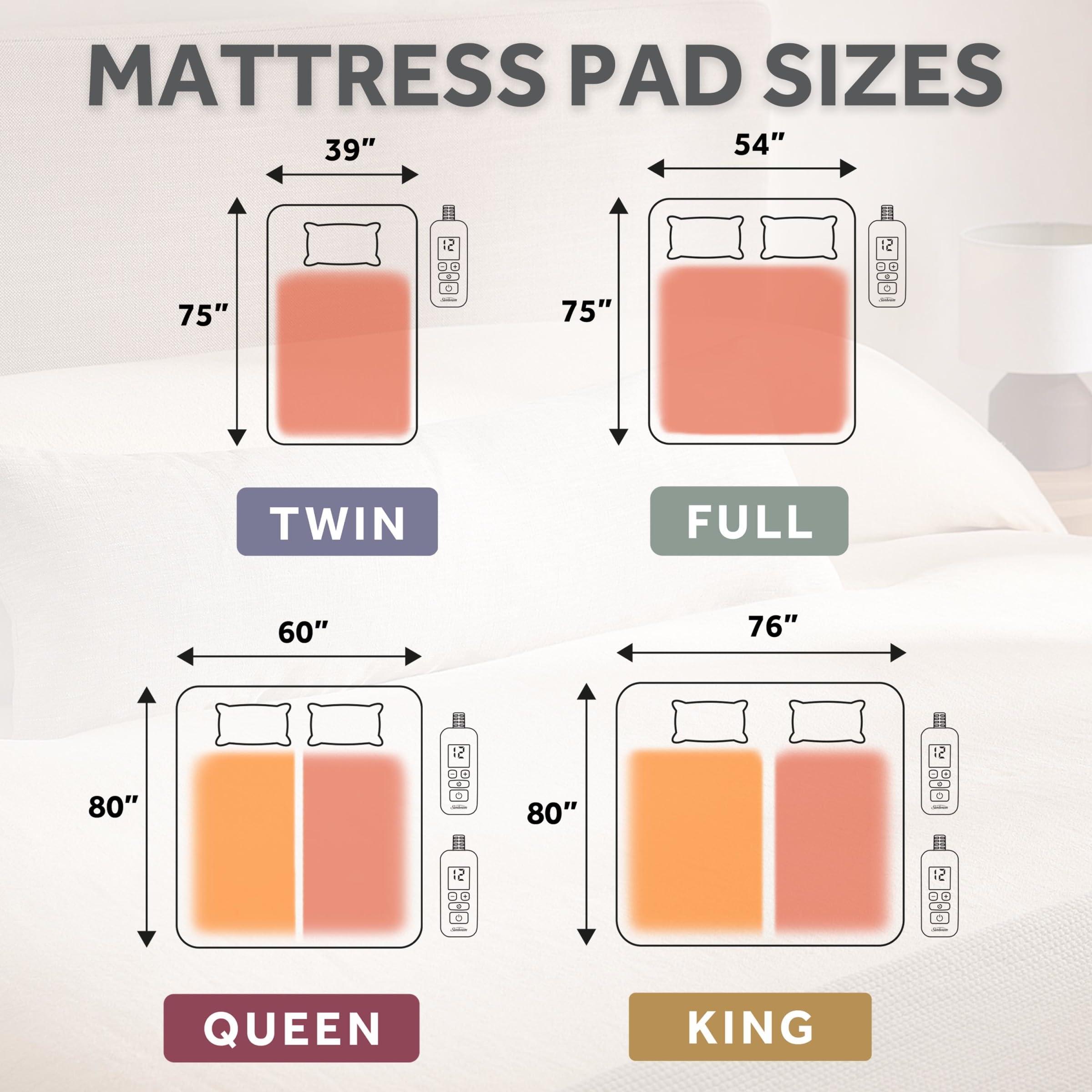 Sunbeam Sunbeam King Size Electric Heated Mattress Pad, 12 Heat Settings, 12hr Auto Shut-Off, Fast Heating, Machine Washable