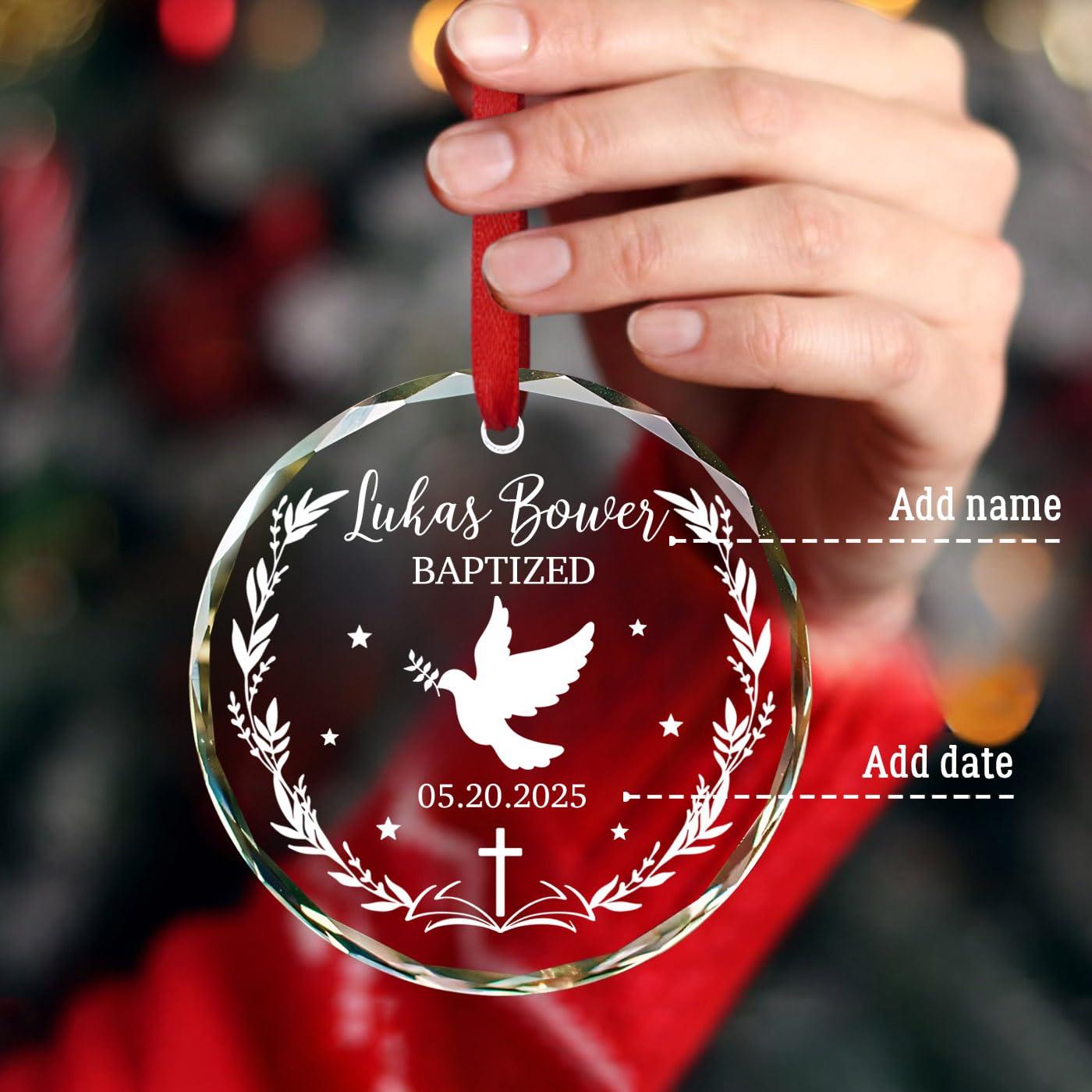 Cenluxy Baptized Glass Ornament Christmas, Personalized Baptism Ornament, Christening Xmas Ornament Gift for Godson Goddaughter from Godparents, Custom Name & Date Christening Ornament, Baby Baptism Ornament