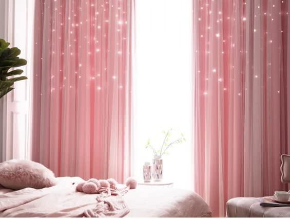 DARKAL Pink Girls Curtains for Living Room Bedroom Curtains Double Layer Blackout Curtains Star Cut Out Pink Curtain Window Drapes for Nursery 2 Panels (52 inch Width 65 inch Length)
