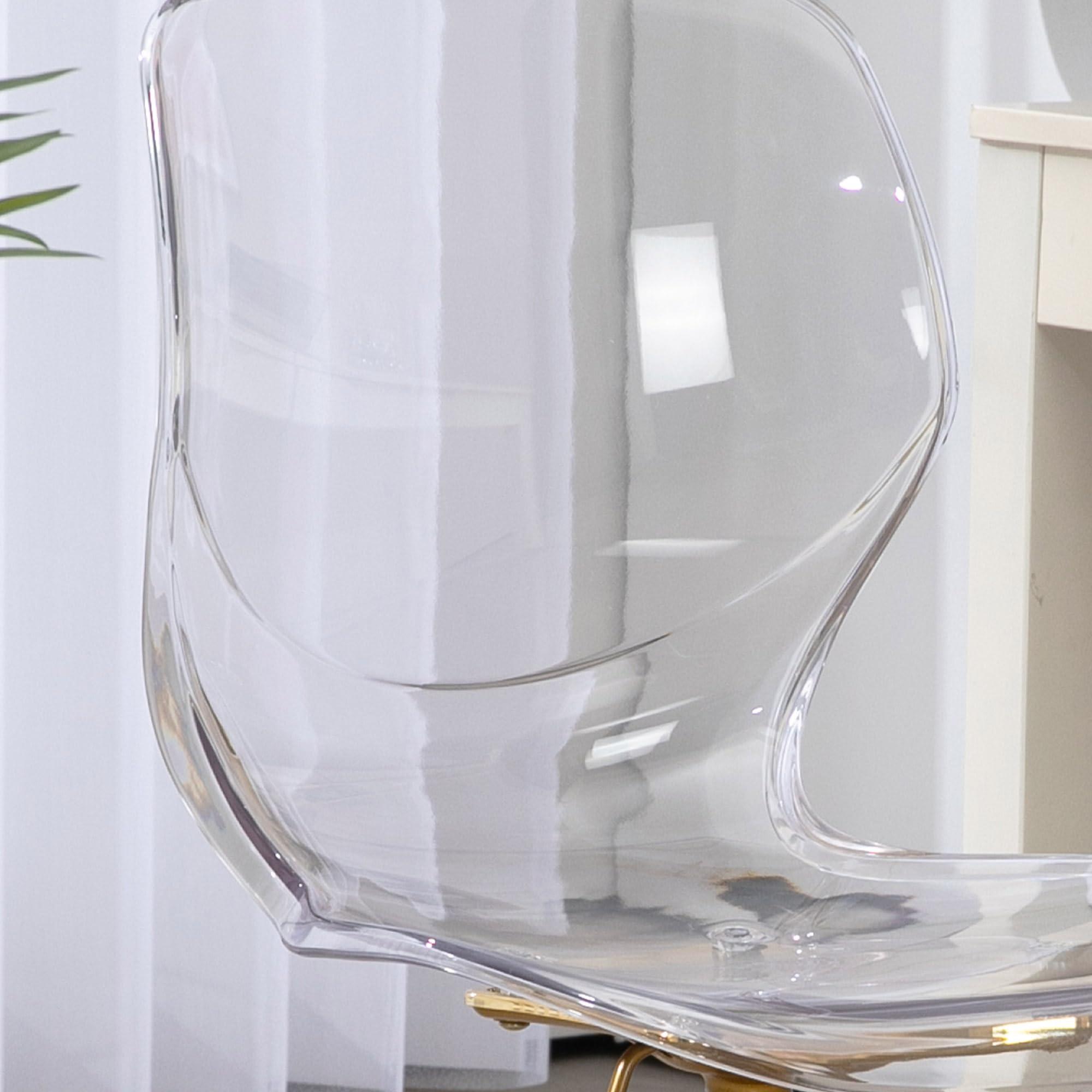 Villeston Villeston Acrylic Clear Desk Chair, Modern Small Cute Armless Vanity Rolling Plastic Chair Home Office Lucite Ghost Curved Chairs Padded with Golden Legs and Adjustable Height, Gold