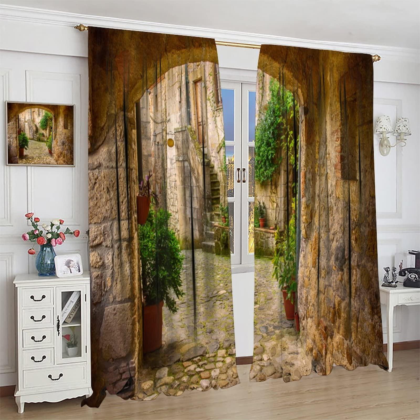 ZhiRain Scenery Kitchen Italian Curtains, Landscape from Door Antique Style Stone Village Tuscany Italian Valley, Blackout Rod Pocket Window Drapes 2 Panel Set for Kitchen Cafe Decor 63x72in