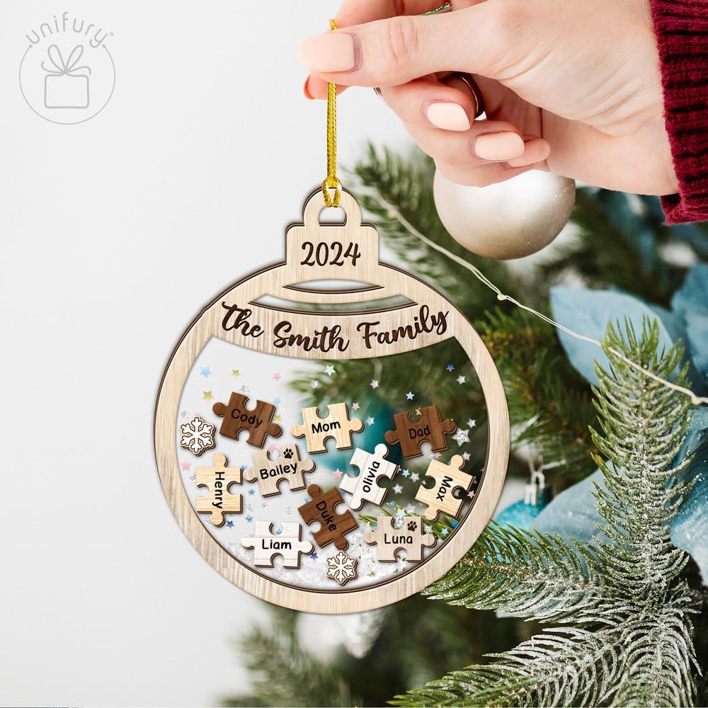 UNIFURY Unifury Personalized Family Ornaments with Dogs & Cats, Family of 2,3,4,5,6,7,8,9,10,11,12, Family Christmas Ornaments 2024, for Family Members, Family Puzzle