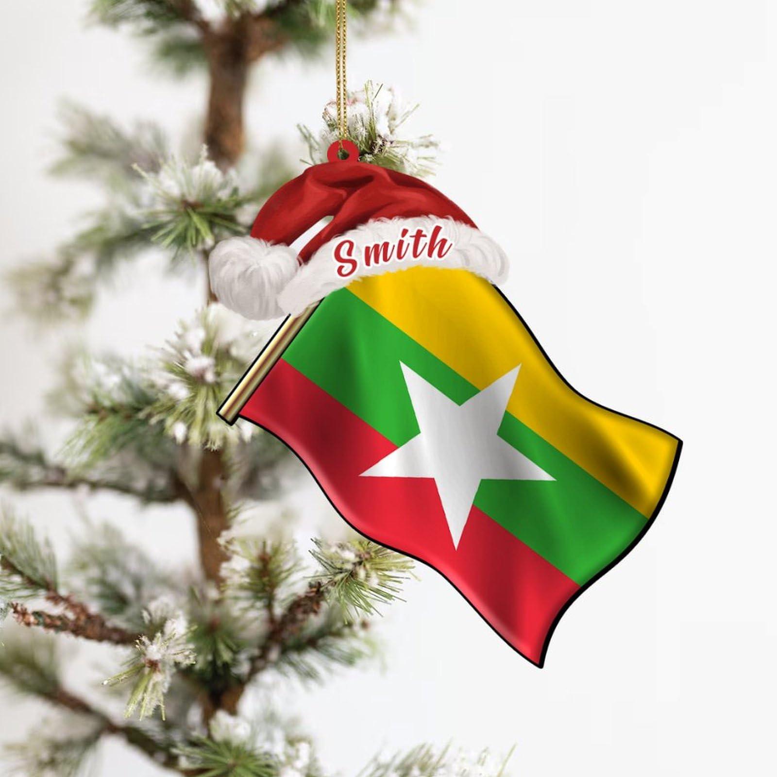 UanMere Burma Flag Acrylic Christmas Ornament Country Keepsake for Travel Friends for Burma Brother Memorial National Day Burma Personalized Acrylic Keepsake