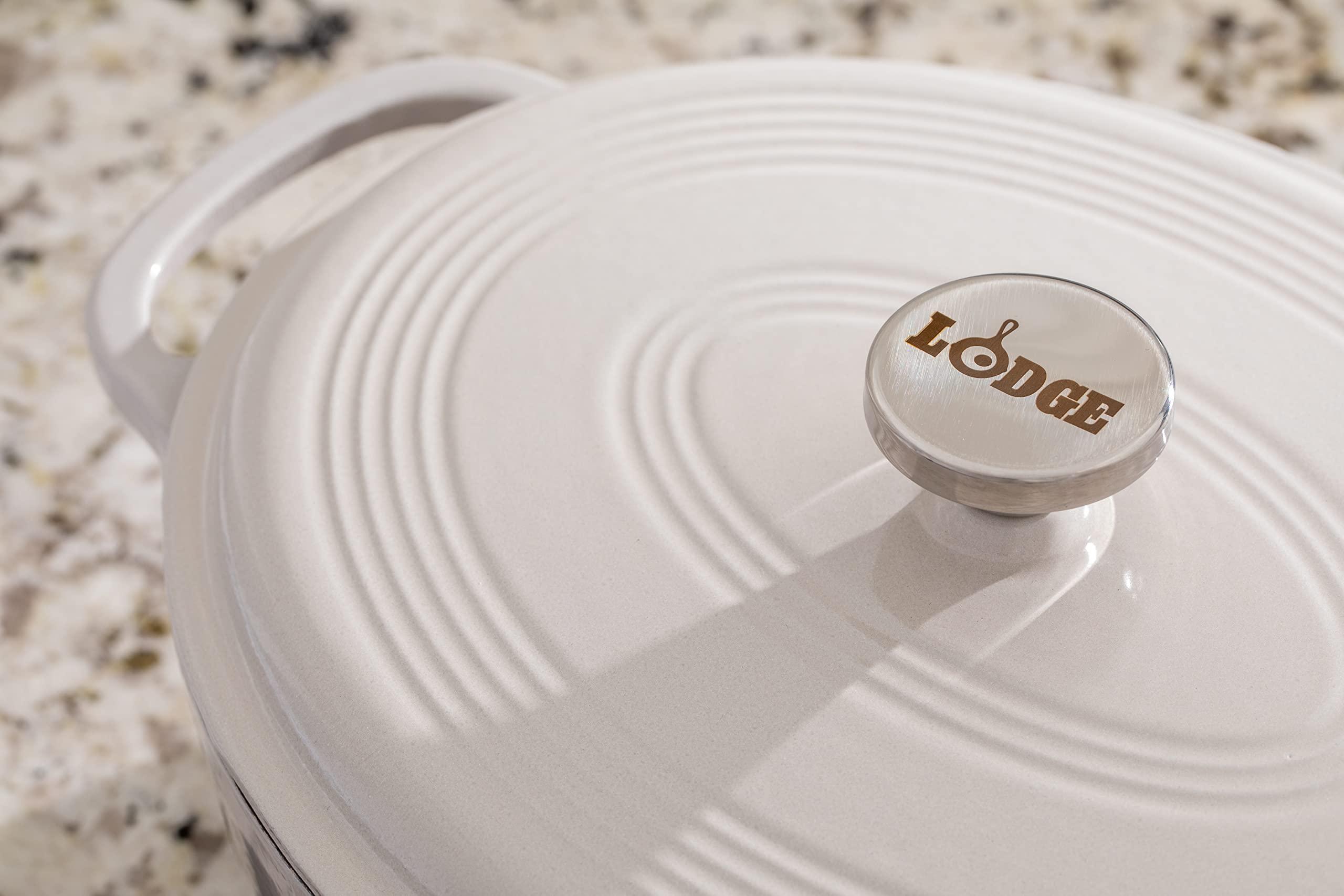 Lodge Lodge 7 Quart Enameled Cast Iron Oval Dutch Oven with Lid Dual Handles Oven Safe up to 500 F or on Stovetop - Use to Marinate, Cook, Bake, Refrigerate and Serve Oyster White