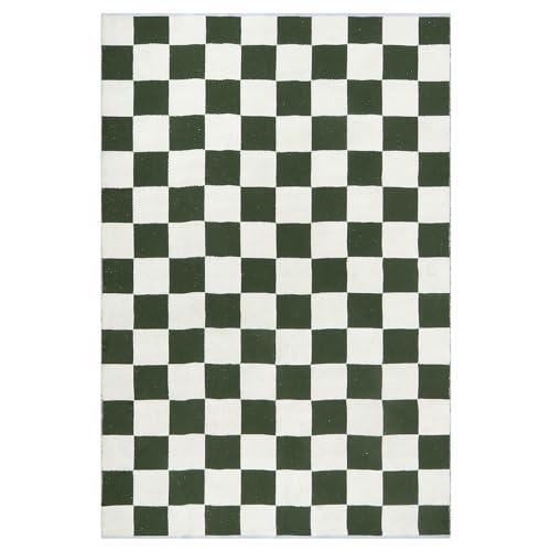 Lahome Lahome 6x9 Green Checkered Rug for Bedroom Boy Room, Modern Large Cotton Woven Checkerboard Green and White Rug, Retro Washable Art Decor Carpet for Living Room Home Decor