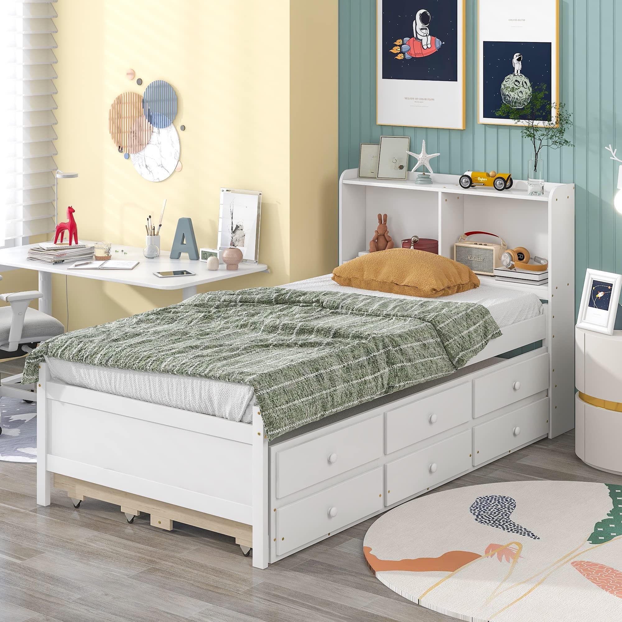 SOFTSEA SOFTSEA Twin Captains Bed with Trundle and Drawers, Twin Size Platform Bed with Bookcase Headboard, Wood Twin Storage Bed for Kids Teens Adults, White