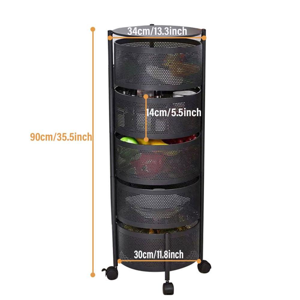 Johofiow Johofiow 5 Tier Vegetable Basket Large Storage Rack with Wheels, Rotating Metal Kitchen Storage Basket Rolling Cart with Metal Top Lid, Wire Basket Organizer for Potato Onion Bread Banana