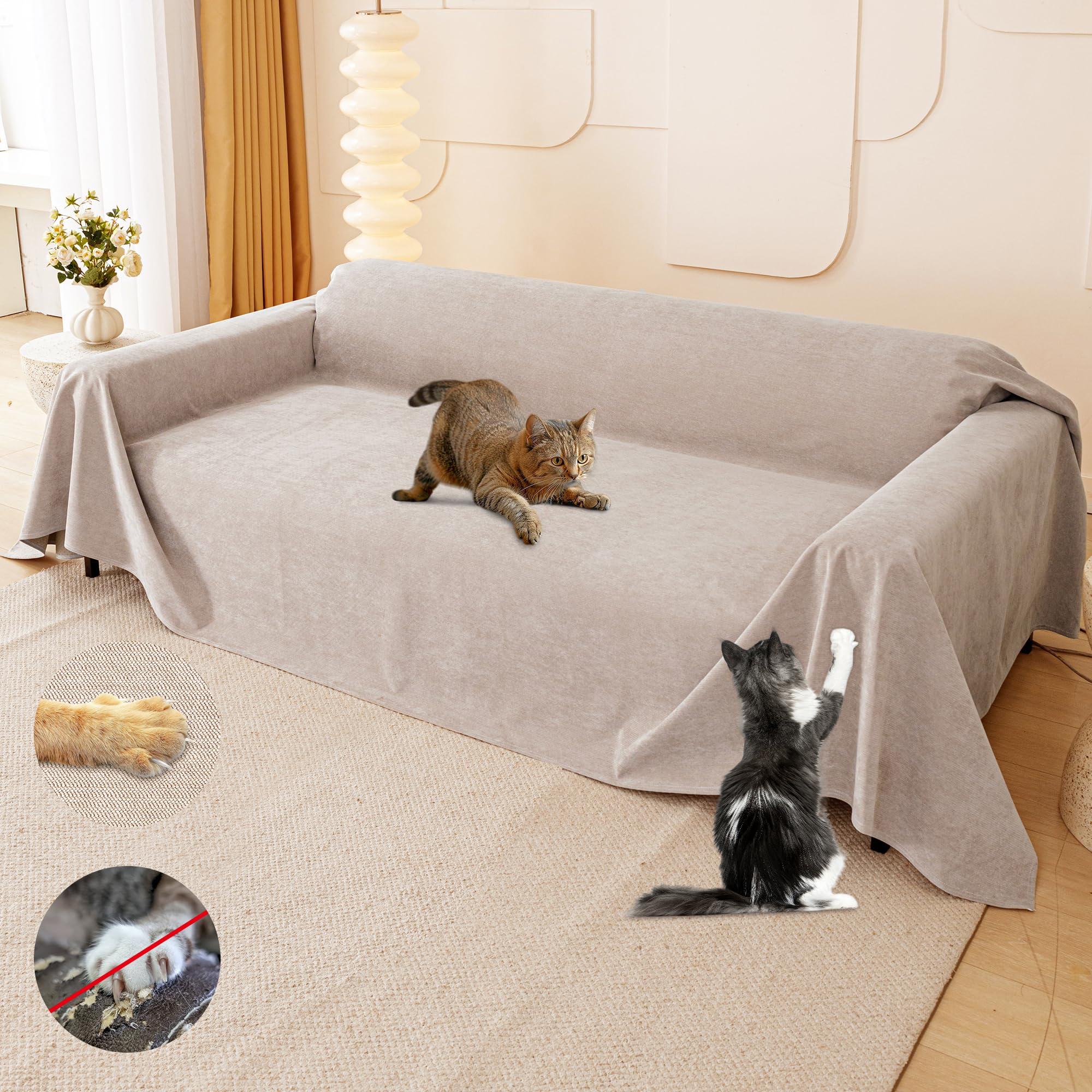 Loiion Cat Scratch Furniture Protector - Anti-Slip, Waterproof Sofa Cover to Keep Cats Off, Pet-Friendly Couch Protectors for 3 Cushion Couch, Khaki Anti-Scratch Couch Cover for Pets and Kids 134\"X71\"