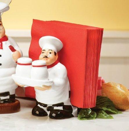 ACK ACK White Chef Hand Painted Ceramic Refillable Salt and Pepper Shaker with Napkin Holder, Kitchen Dcor
