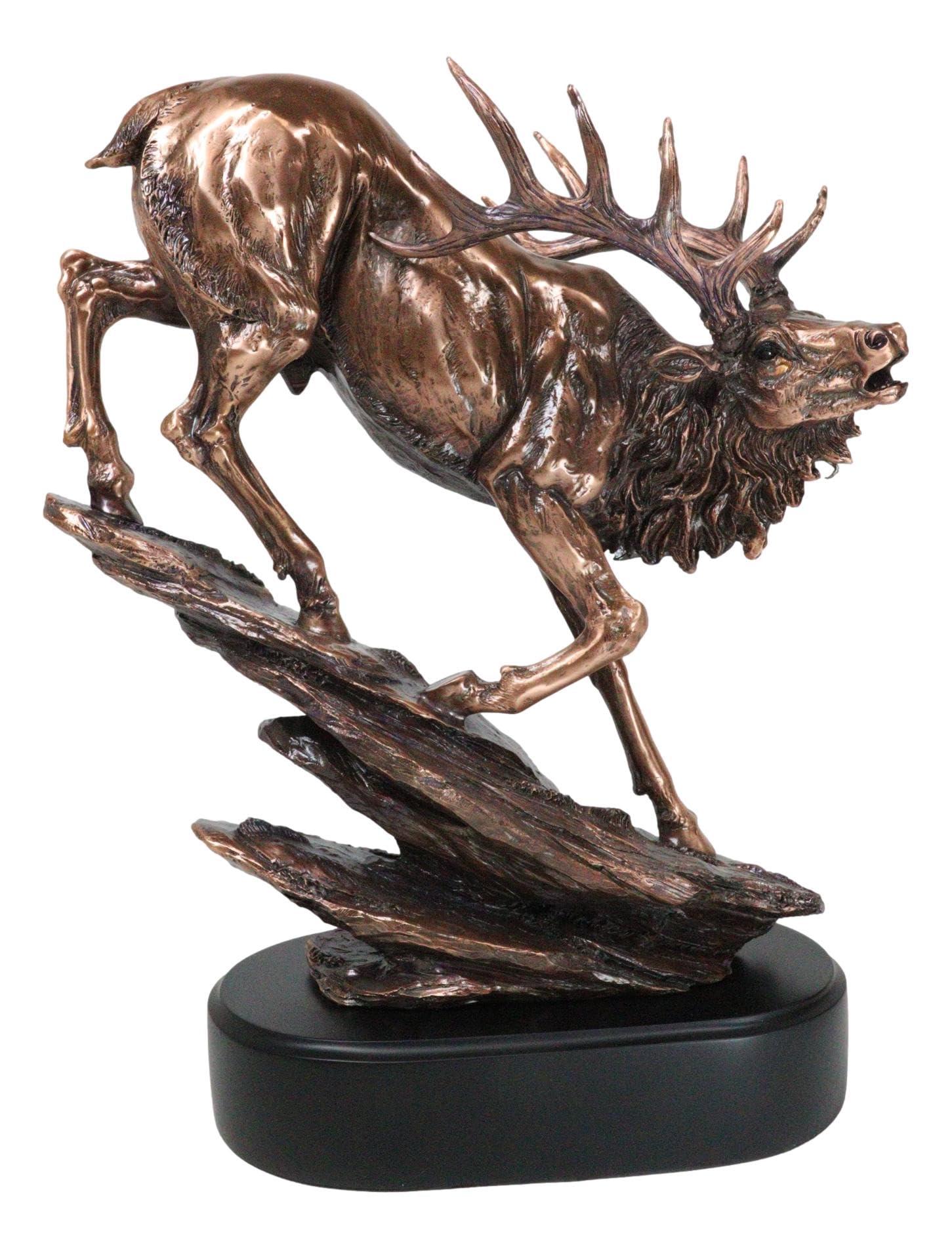 Ebros Gift Ebros Large Bellowing Wapiti Bull Elk Deer Descending Steep Rock Hill Rustic Statue in Bronze Electroplated Finish with Trophy Base Wildlife Deers Elks Hunters Cabin Lodge Figurine