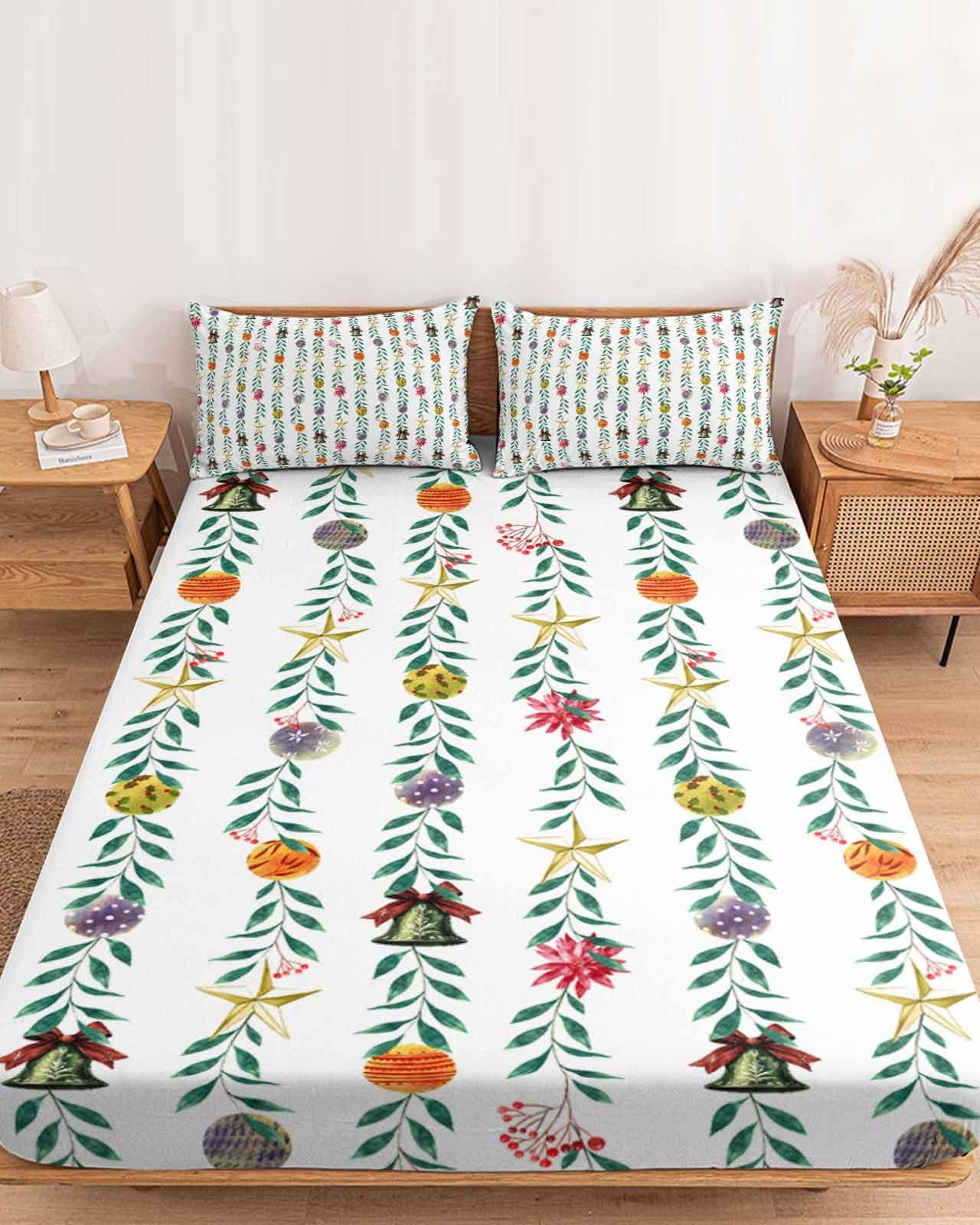 Chees D Zone Twin XL Fitted Sheet Deep Pocket Bed Sheets with Elastic, Christmas Colorful Bell Star Green Leaf Soft Brushed Microfiber Bed Sheet Set, Xmas Ornaments on White Mattress Cover with 2 Pillowcase