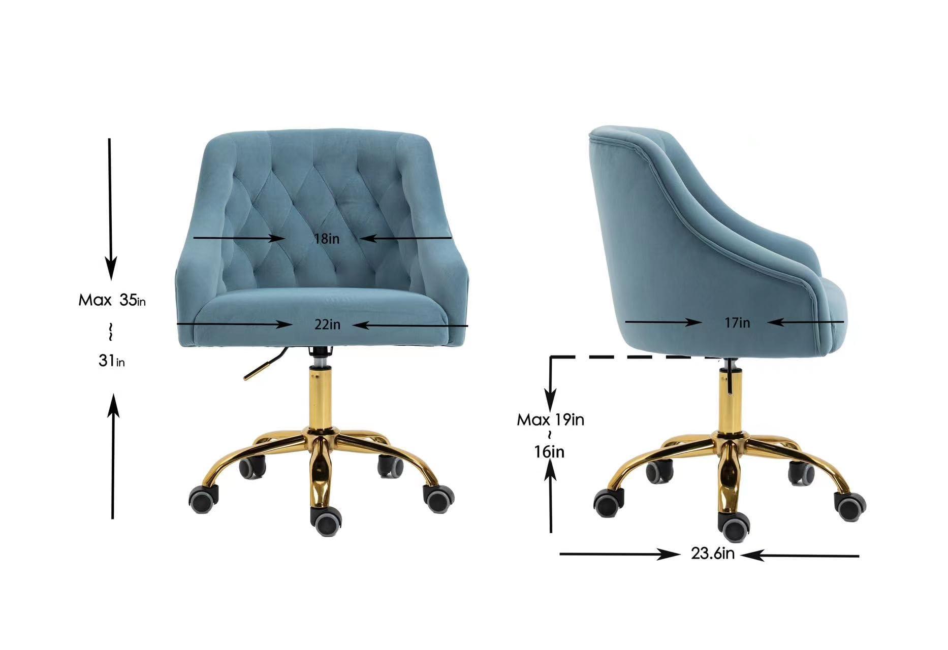 ZOBIDO ZOBIDO Comfy Home Office Task Chair with Wheels, Cute Modern Upholstered Velvet Seashell Back Adjustable Swivel Vanity Desk Chair, for Women, for Girls, Living Room(Haze Blue)