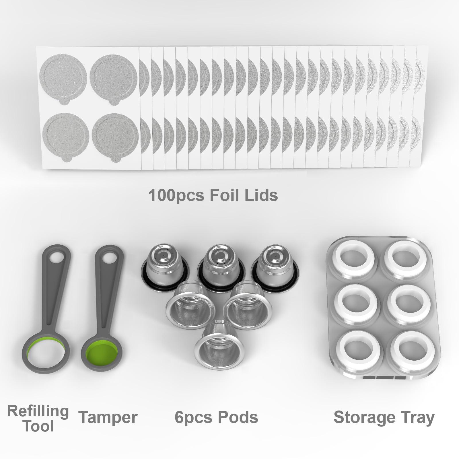 Triplot Reusable Capsules for Nespresso OriginalLine - 6pcs Refillable Coffee Pods,Stainless Steel Cups Compatible for Nespresso OriginalLine Machine (6Pods+100pcs Lids+Storage Board)