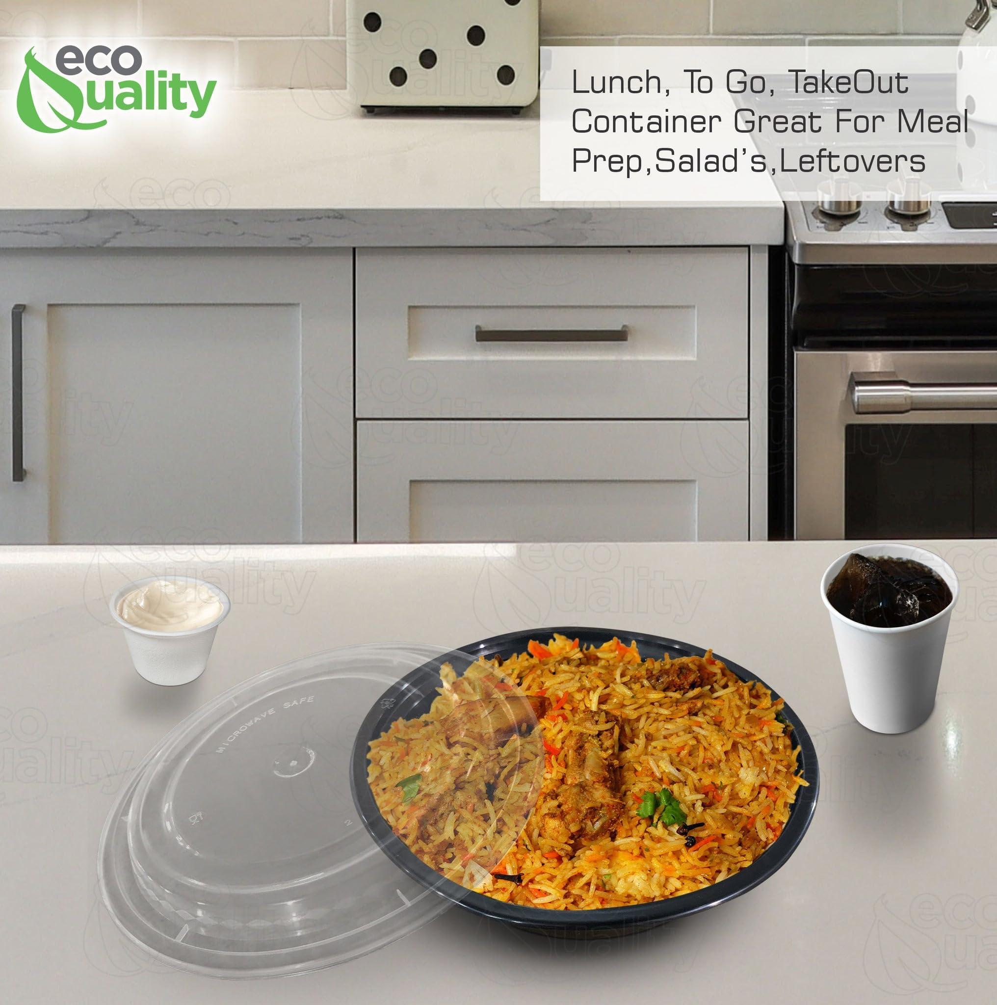 EcoQuality 24 oz Plastic Meal Prep Containers with Lids - Round Food Storage Container Microwave Safe - BPA-Free, Stackable, Reusable, Dishwasher, Freezer Safe, Disposable (Black) (300)