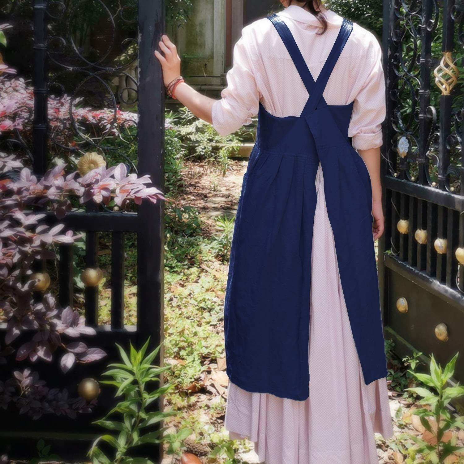 Uaussi Uaussi Cotton Linen Apron Cross Back Work Apron for Women with Pockets Pinafore Dress X Cross Halter Apron for Baking Chef Garden