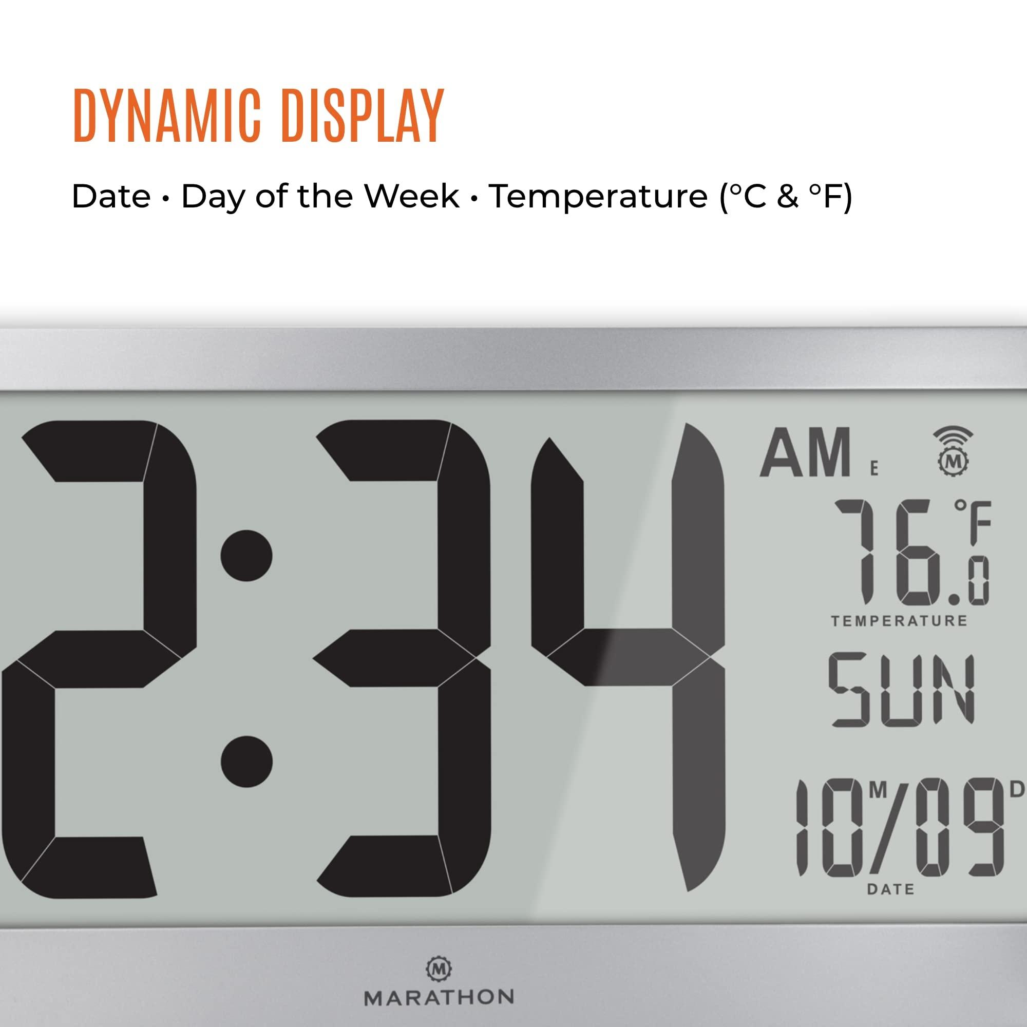 MARATHON Marathon Slim Jumbo Panoramic Atomic Wall Clock with Date and Indoor Temperature. Commercial Grade with Big 6-Inch Numbers, Alarm and Table Stand. Batteries Included (Graphite Grey)