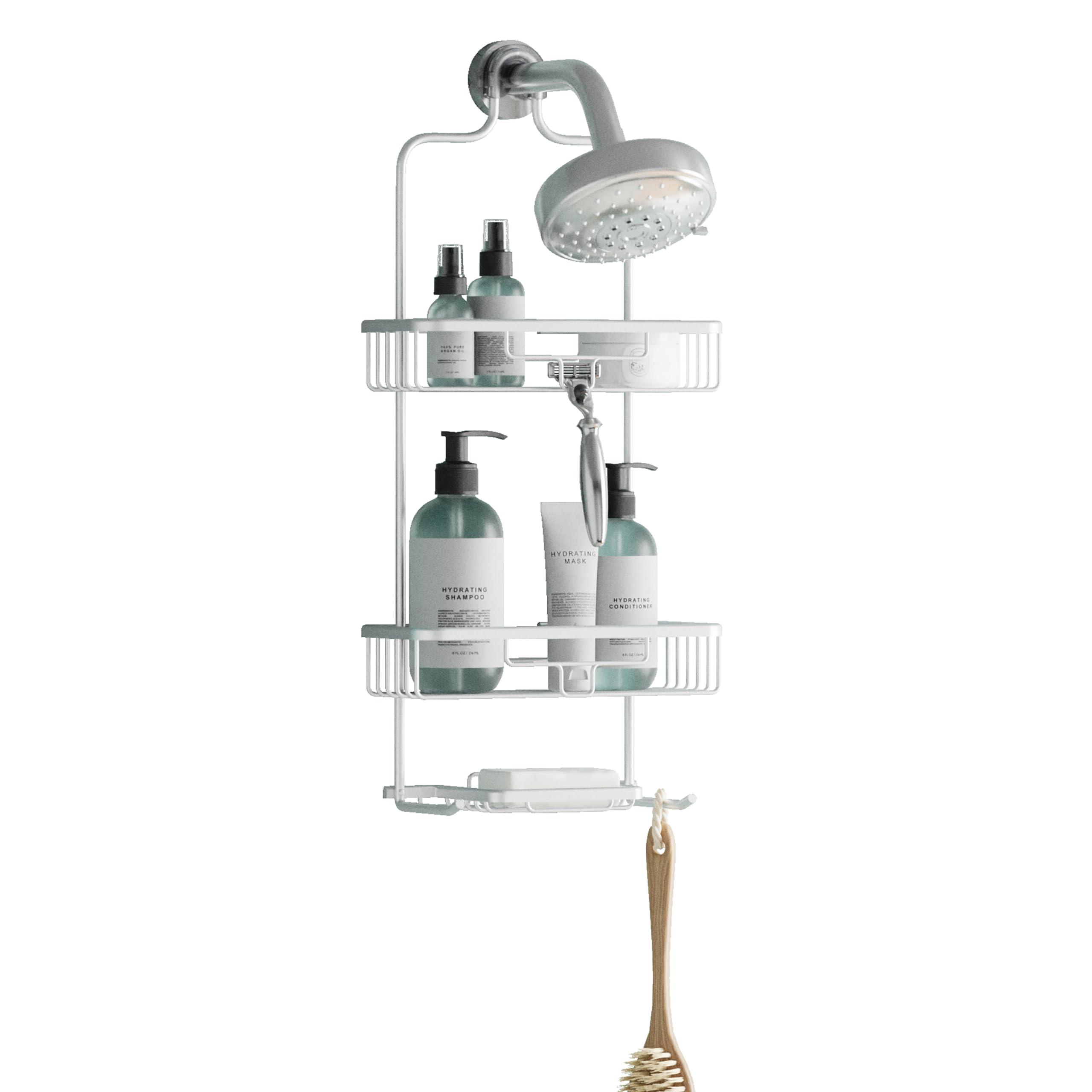 Zenna Home Zenna Home Hanging Shower Caddy with 2 Shelves, Soap Tray, Razor Holders and Hooks, Satin Chrome Rustproof Shower Rack, No Drilling Premium Over Shower Head Organizer, and Bathroom Shower Racks