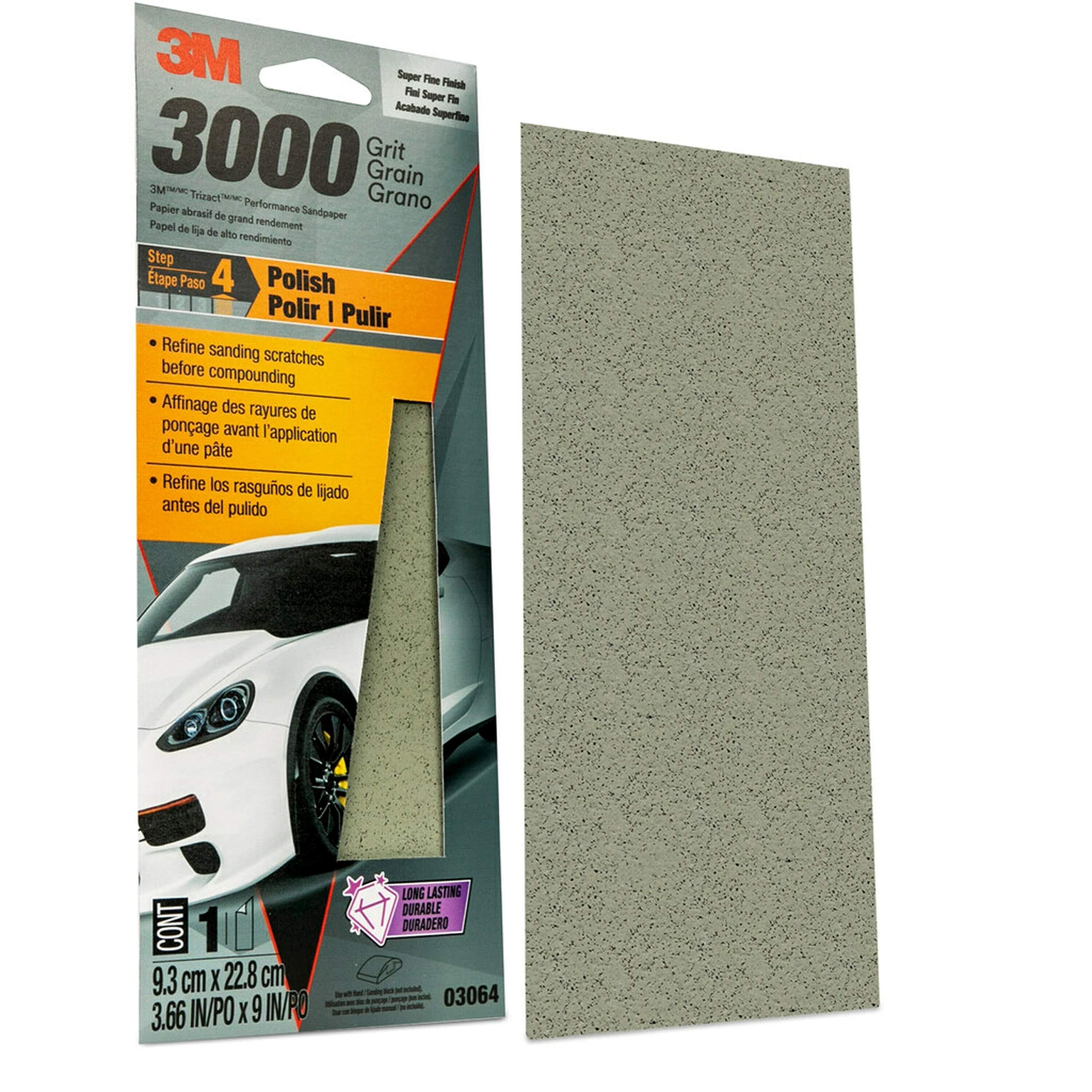 3M 3M Performance 3000 Grit Sandpaper, 3-2/3 in x 9 in, Polish Clear Coat and Paint, Restore Shine, Ideal for Detailed Finishing and Polishing, Very Fine Grade Abrasive for Refined Finishes (03064)