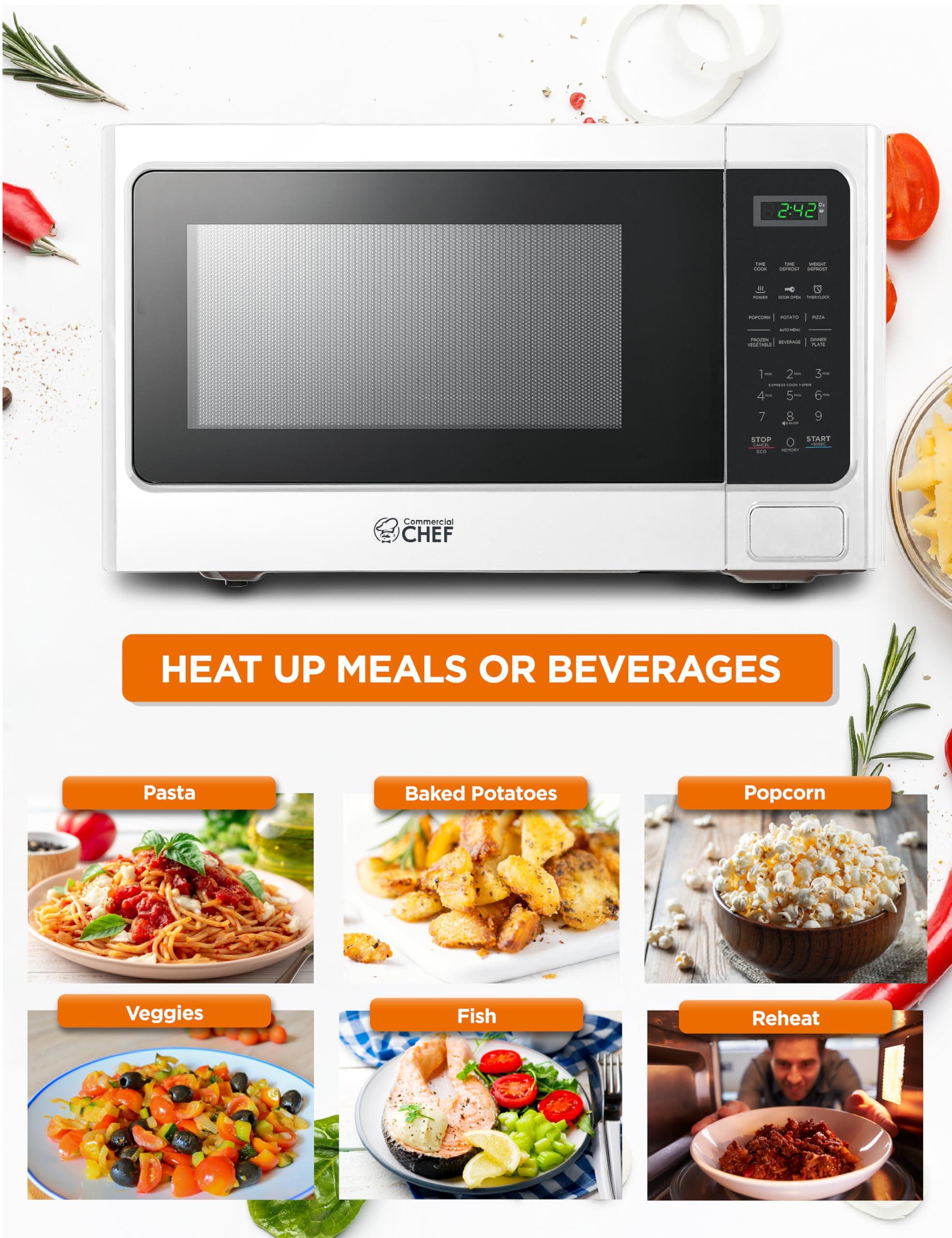 Commercial CHEF COMMERCIAL CHEF Microwave 1.3 Cu Ft with 10 Power Levels, Microwave with Push Button Door Lock, 1000W Countertop Microwave with Timer and Digital Controls, White