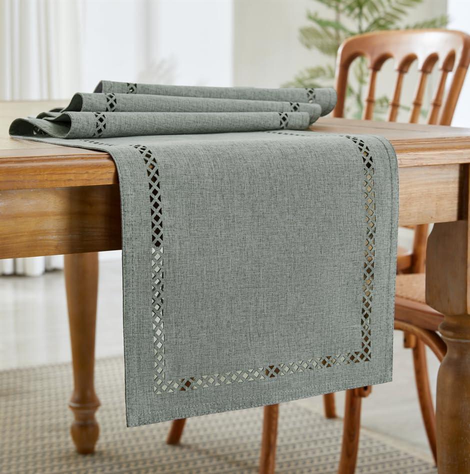Aoztio Aoztio Burlap Style Farmhouse Table Runner, 13 x 36 Inch Grey, Rustic Geometric Hollow Table Runners 36 Inches Long for Dresser Table Everyday Use, 13x36 Inches, Grey