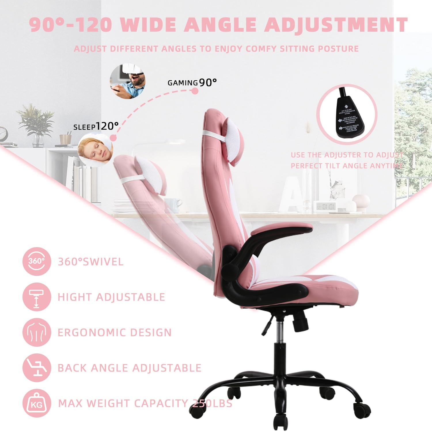 MKDLUFEI Pink Gaming Chair, Gaming Chairs for Adults, Game Chair with Flip Up Arms, Small Gaming Chair with Lumbar Support and Headrest, Comfortable Desk Chair for Adults Teens Kids Men Women, Max 250 LBS