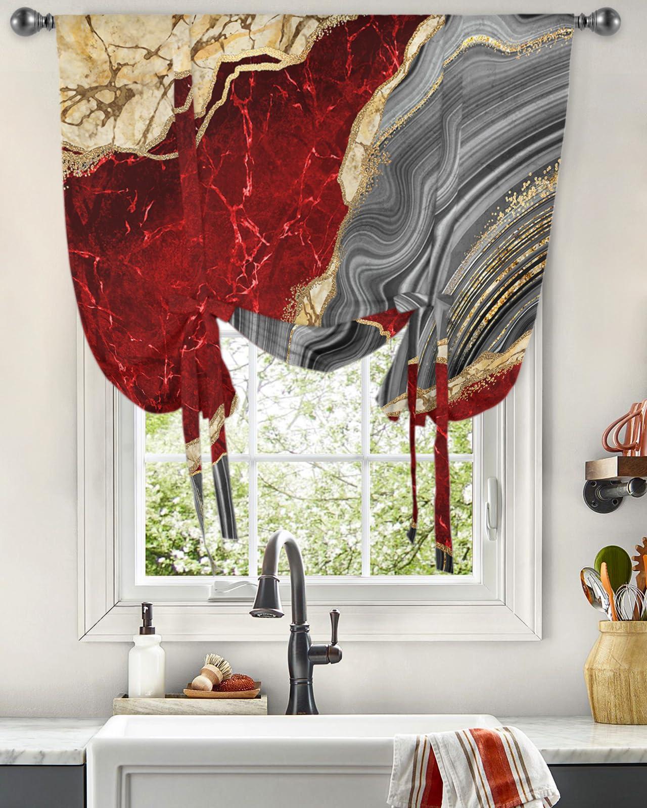 Yukro Tie Up Curtains Window Shades, Abstract Red Grey Gold Marble Rod Pocket Tie Up Window Shade, Adjustable Balloon Curtain Shade for Blinds Kitchen Bathroom, 1 Panel, 52"x45"