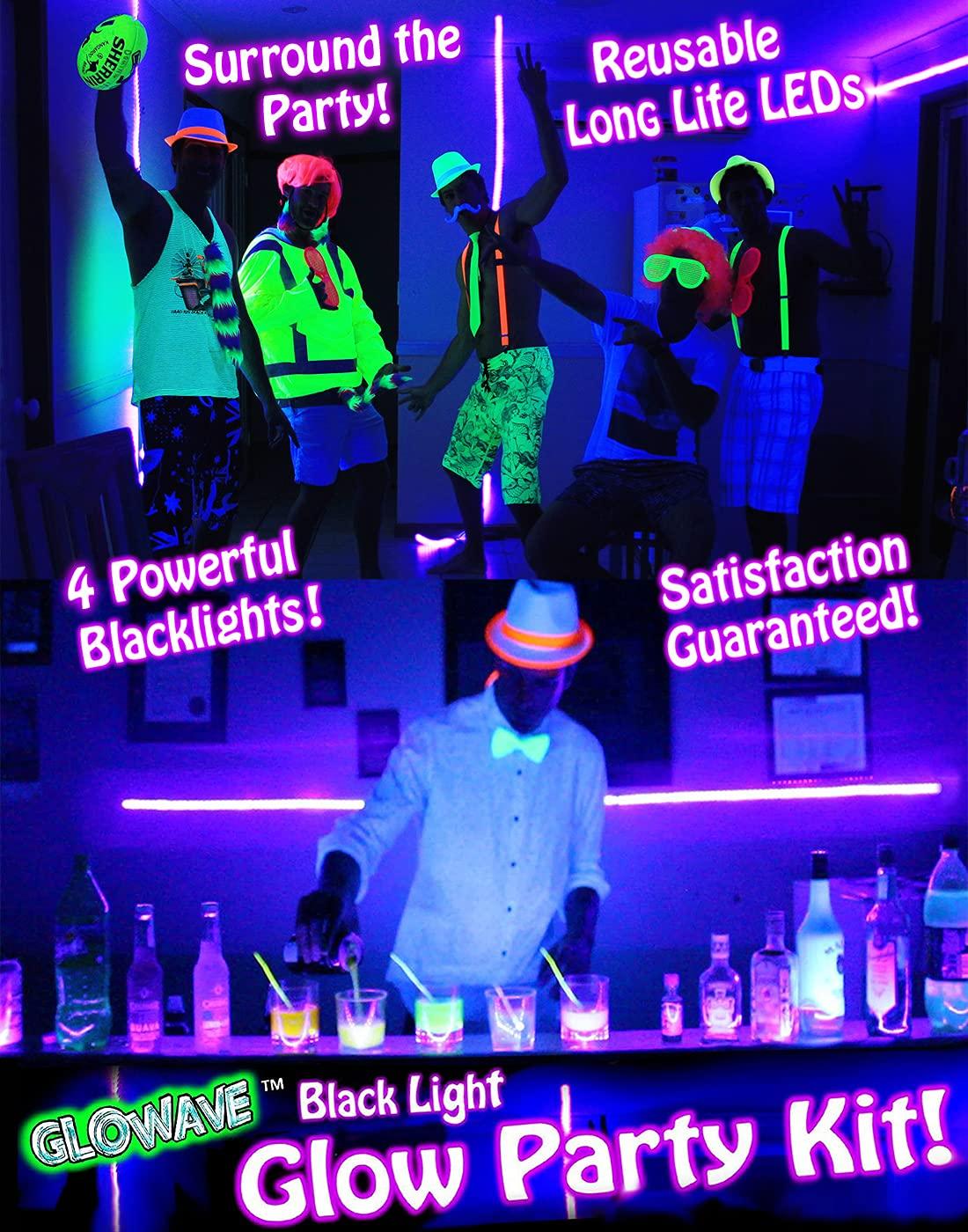 Glow Party World Black Lights for Glow Party! 115W Blacklight LED Strip kit. 4 UV Lights to Surround Your neon Party. Ultraviolet Lighting for Big Rooms. Easy Set up! Glow in The Dark Party Supplies. Fiesta Luz Negra