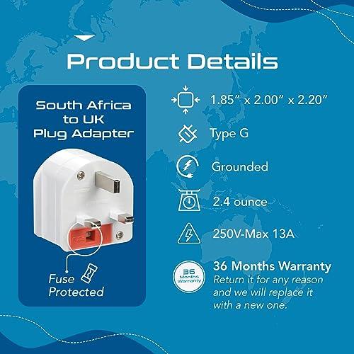 Ceptics Ceptics GP-SA-UK South Africa to UK Grounded Plug Adapter (250V - Max 13A), White
