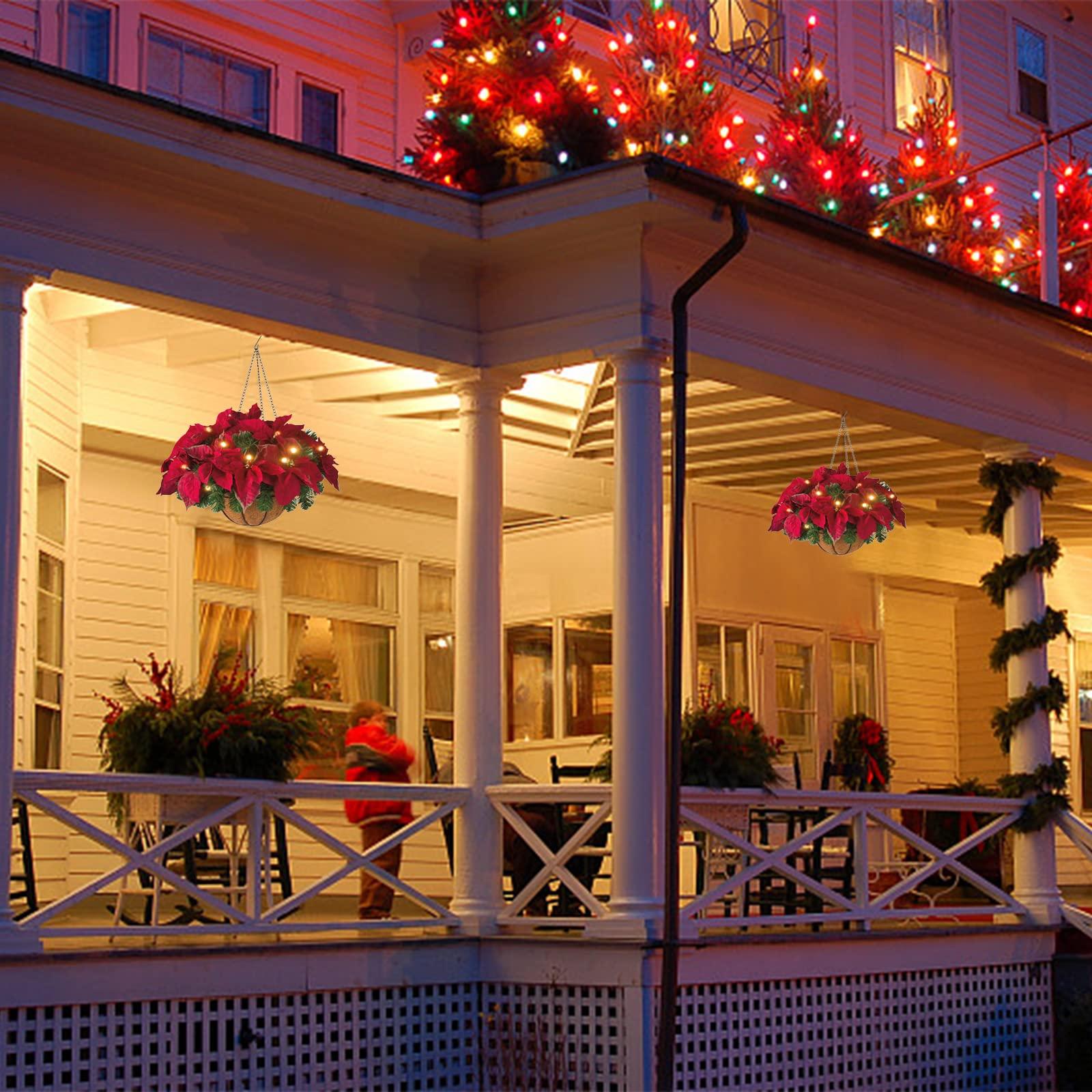 Duffire Duffire Christmas Poinsettia Hanging Basket Pre-Lit Artificial Floral Arrangement with Pine Needles for Outdoor Yard Porch Holiday Decor