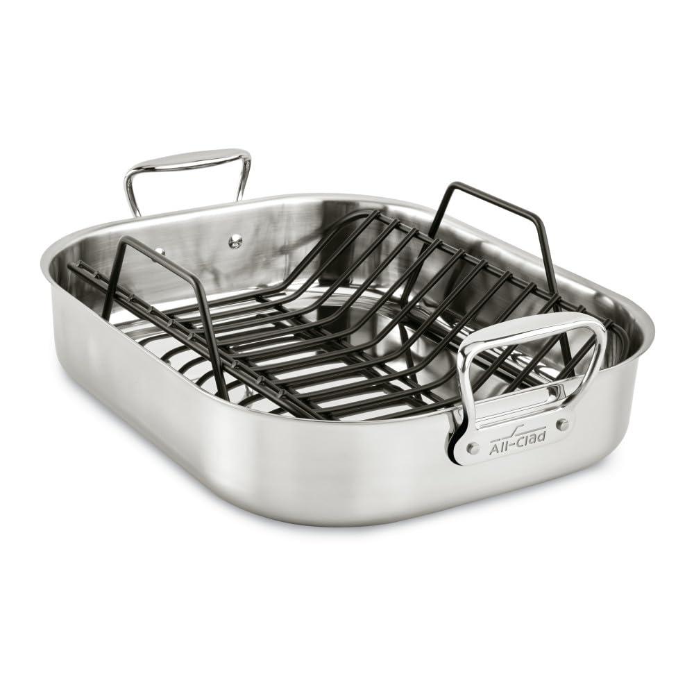 All-Clad All-Clad Specialty Stainless Steel Roaster and Nonstick Rack 16x13x5 Inch Oven Broiler Safe 600F Roaster Pan, Pots and Pans, Bakeware, Turkey, Silver