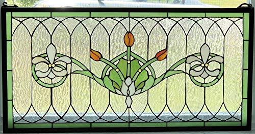 Aspen Tiffany Tiffany Stained Glass Transom Window Panel Fleur De Lis 32" x 16"