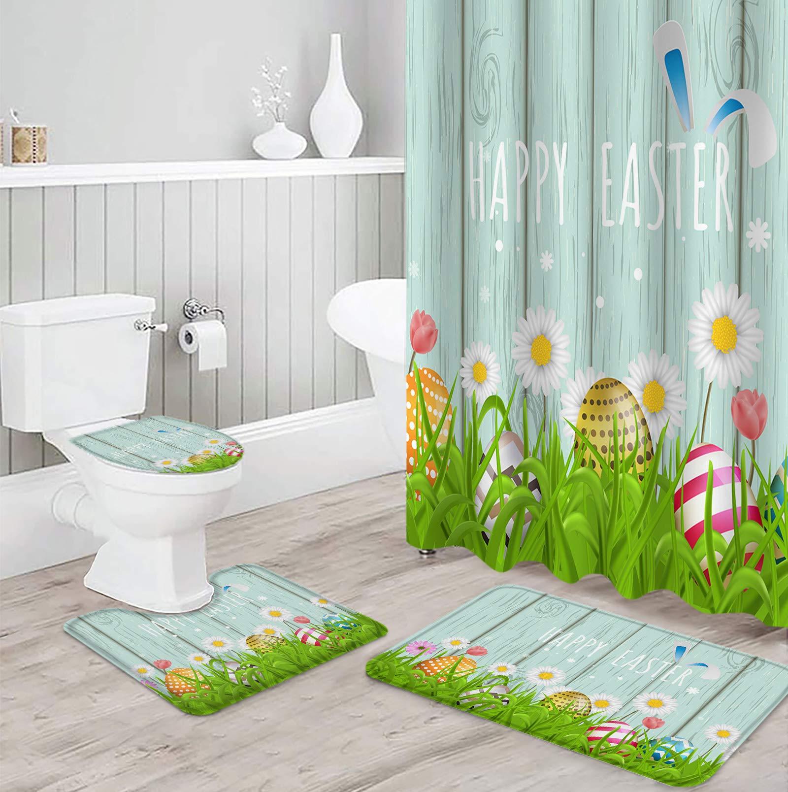 Libaoge 4 Pcs Shower Curtain Set Include Non-Slip Bath Rug Toilet Lid Cover Contour Mat Waterproof Bath Curtain Hpapy Easter Rabbit Bunny Eggs Flower for Bathroom Decor
