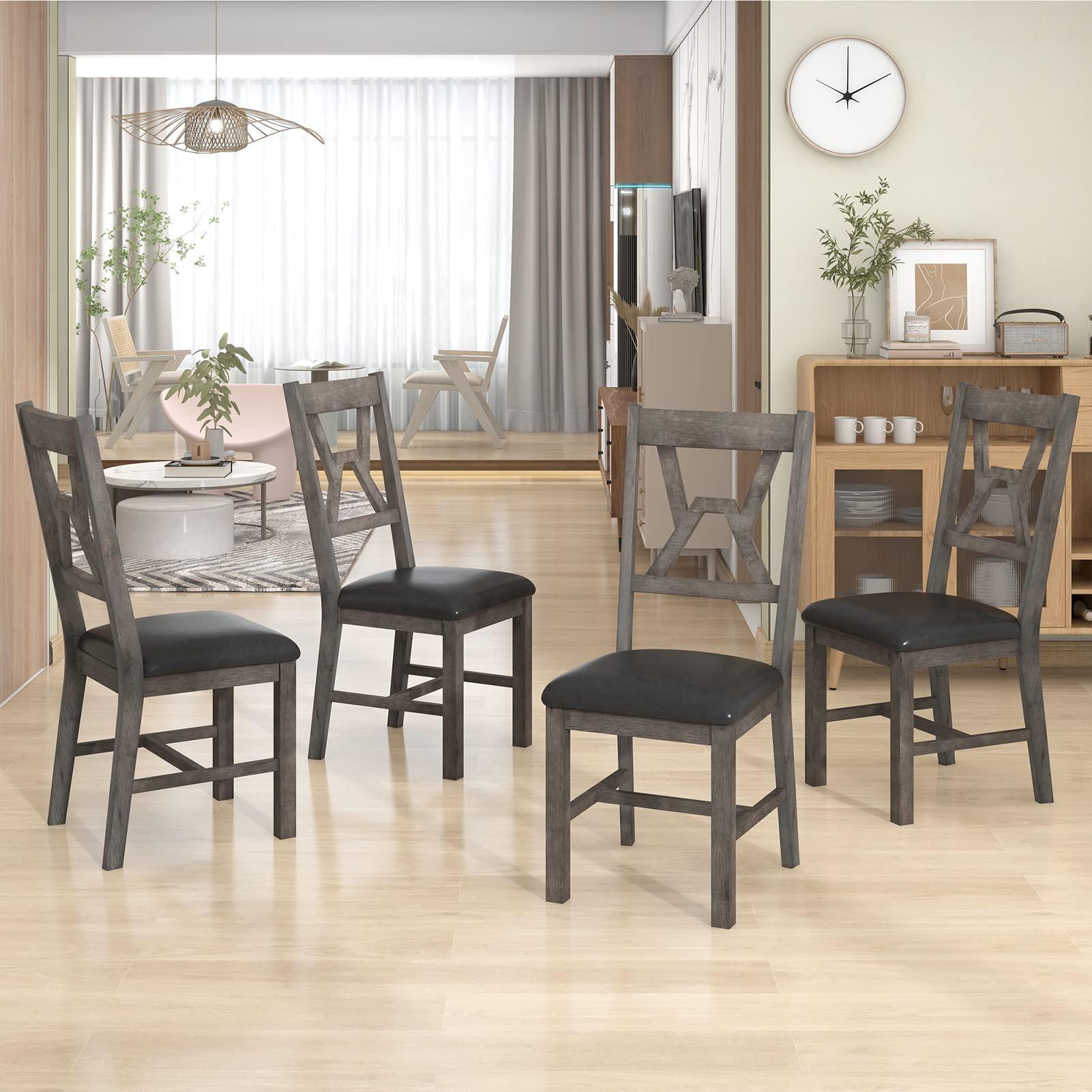 Bituman Wood Kitchen Table Set for 4, Round Dining Table with 4 Upholstered Chairs with Footrests Kitchen Dining Set with Cross Legs Farmhouse Counter Height Table Set, for Dining Room/Kitchen/Compact Space