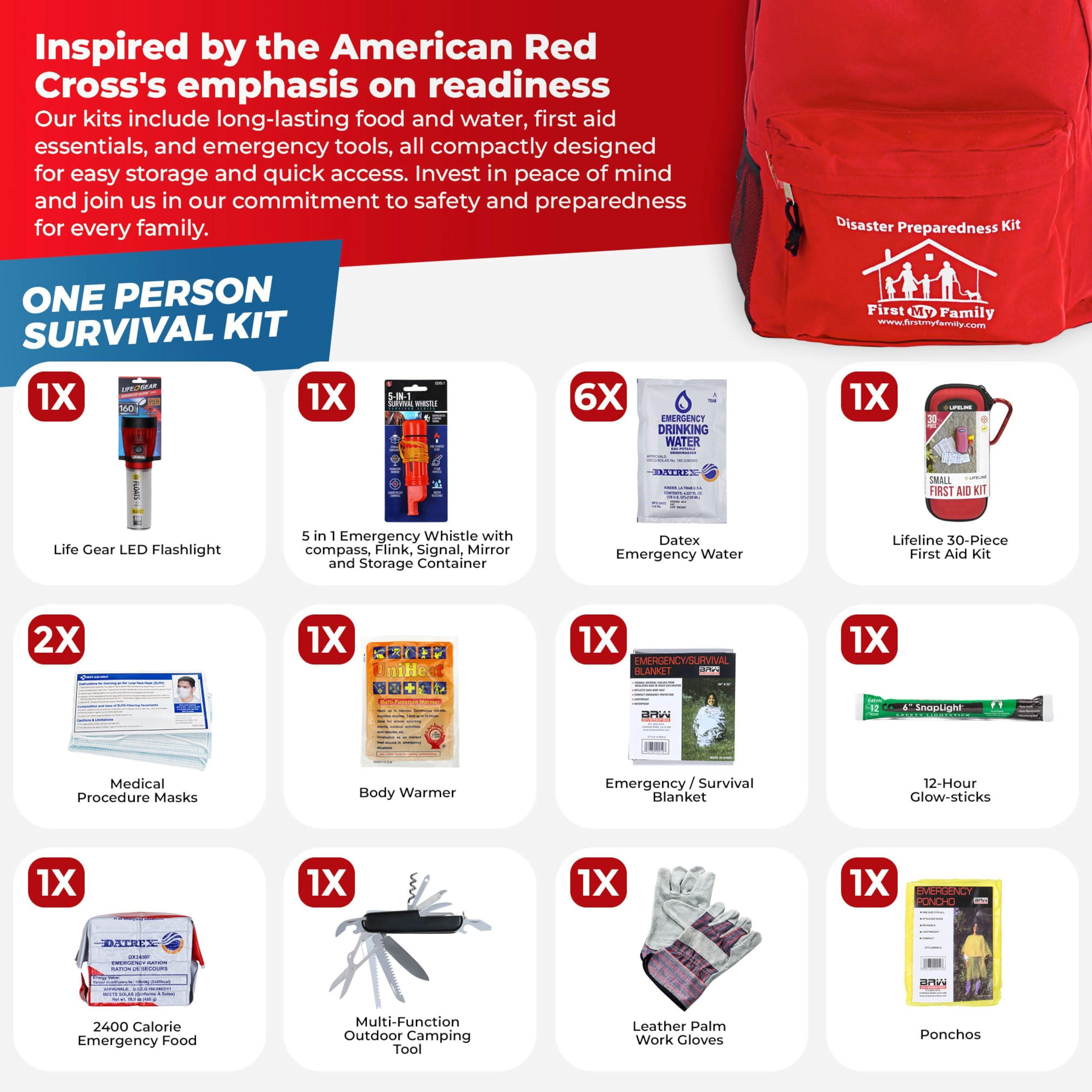 FIRST MY FAMILY A DISASTER PREPAREDNESSCOMPANY First My Family All-in-One Premium 1-Person Emergency Survival Kit | Hurricane & Earthquake Preparedness Supplies | Disaster Backpack with 72-Hour Survival Gear, First Aid, and More