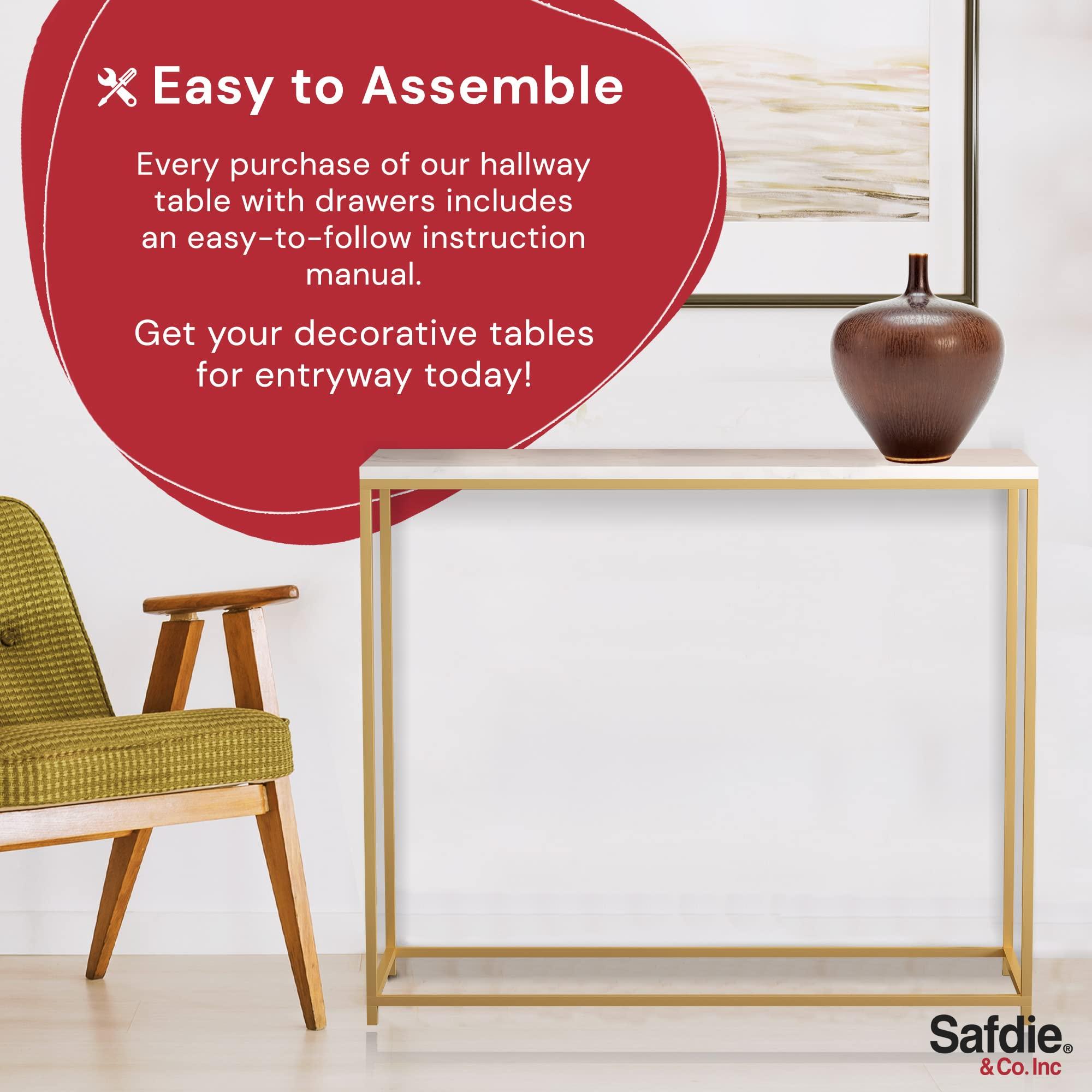 Safdie Safdie & Co. - Marble White Console Tables for Entryway, Gold Metal Console Table, Use As Doorway Table, Narrow Bar Table, or Accent Furniture for Decorating Foyer, 31 x 12 x 28 inches