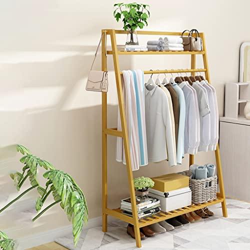 HomeLoft Basics Bamboo Clothing Rack with 2-Tier Shelves and Hanging Bar, Anti-Falling Design Garment Closet with 2 Hooks for Cloth Coat Shoe Storage Organizer Shelf (Color : Khaki, Size : 80 * 40 * 140cm)