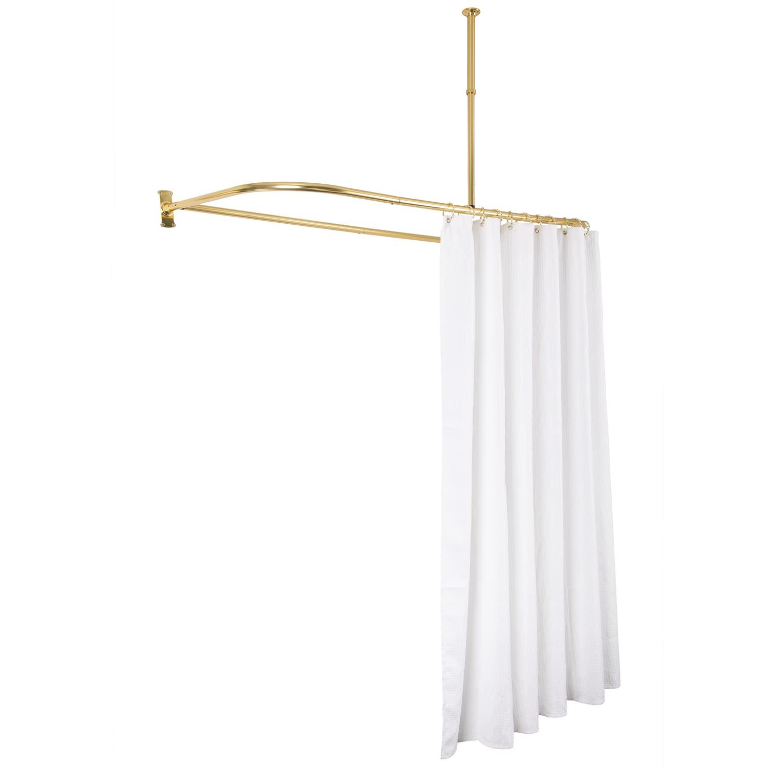 Utopia Alley Utopia Alley Rustproof Aluminum Shower Curtain Rod | D-Shape Shower Rod with Ceiling Support, Perfect for Freestanding Tub & Shower, Gold + White Curtain Combo (61"L x 28"W)
