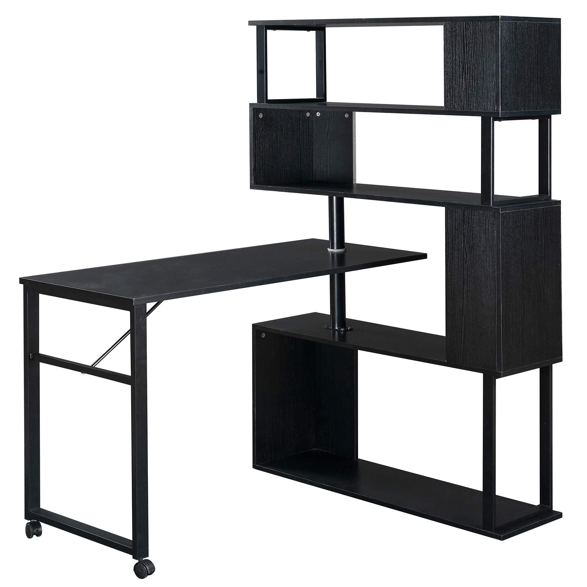 HomeLoft Basics Home Office Computer Desk L-Shaped Corner Table, Rotating Computer Table with 5-Tier Bookshelf, Four Installation Methods, Lockable Casters (Black)
