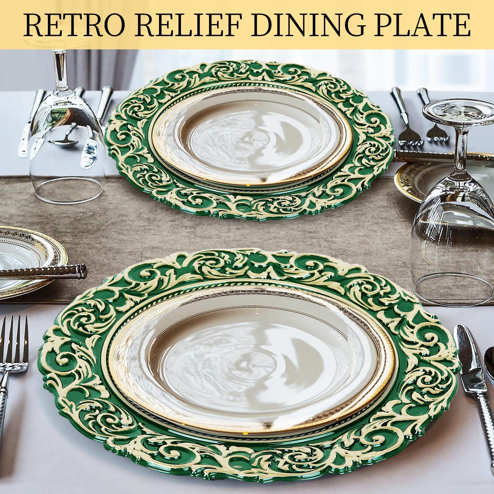YXZHUOYU YXZHUOYU Antique Charger Plates, Set of 6 Plastic Embossed, Green Charger Plate, 13 Inch, Elegant Charger Plates, Plate Set, Decorative Chargers for Dinner Plates
