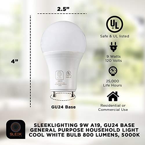 SLEEKLIGHTING SLEEKLIGHTING GU24 LED Light Bulb, 2 Prong Light Bulb - Dimmable,9 WATT, Twist Lock Base, Replacing CFL Ceiling Lights, 5000K Daylight White, 240 Degree, UL Listed - 4 Pack