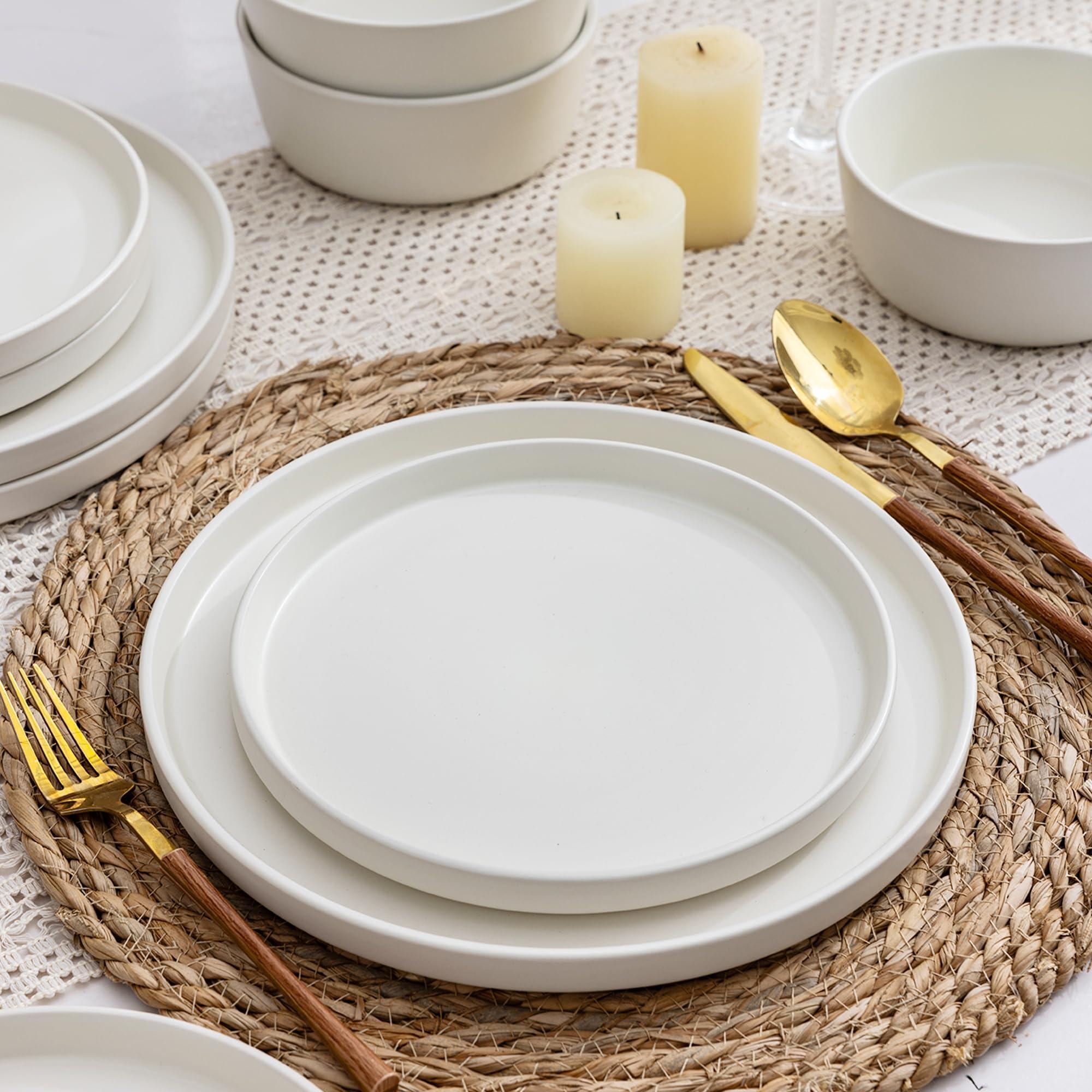 AmorArc AmorArc Ceramic Dinnerware Sets of 4, Modern Flat Stoneware Plates and Bowls Sets,Chip and Crack Resistant | Dishwasher & Microwave Safe Dishes Set,Scratch Resistant- Service for 4 (12pc)-Matte Cream