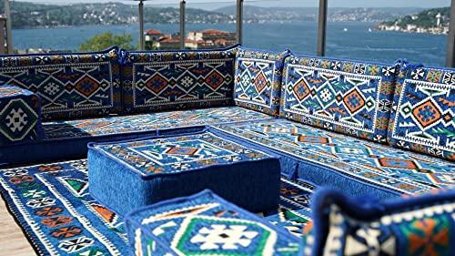 arabicsofa Arabic Sofa, Moroccan Sofa, Modular Cushion, Blue Garden Sofa Set, Bench Pillow Set, Corner Sofa Set, Bohemian Furniture, Floor Cushion Set (U Sofa + Rug + Ottoman)
