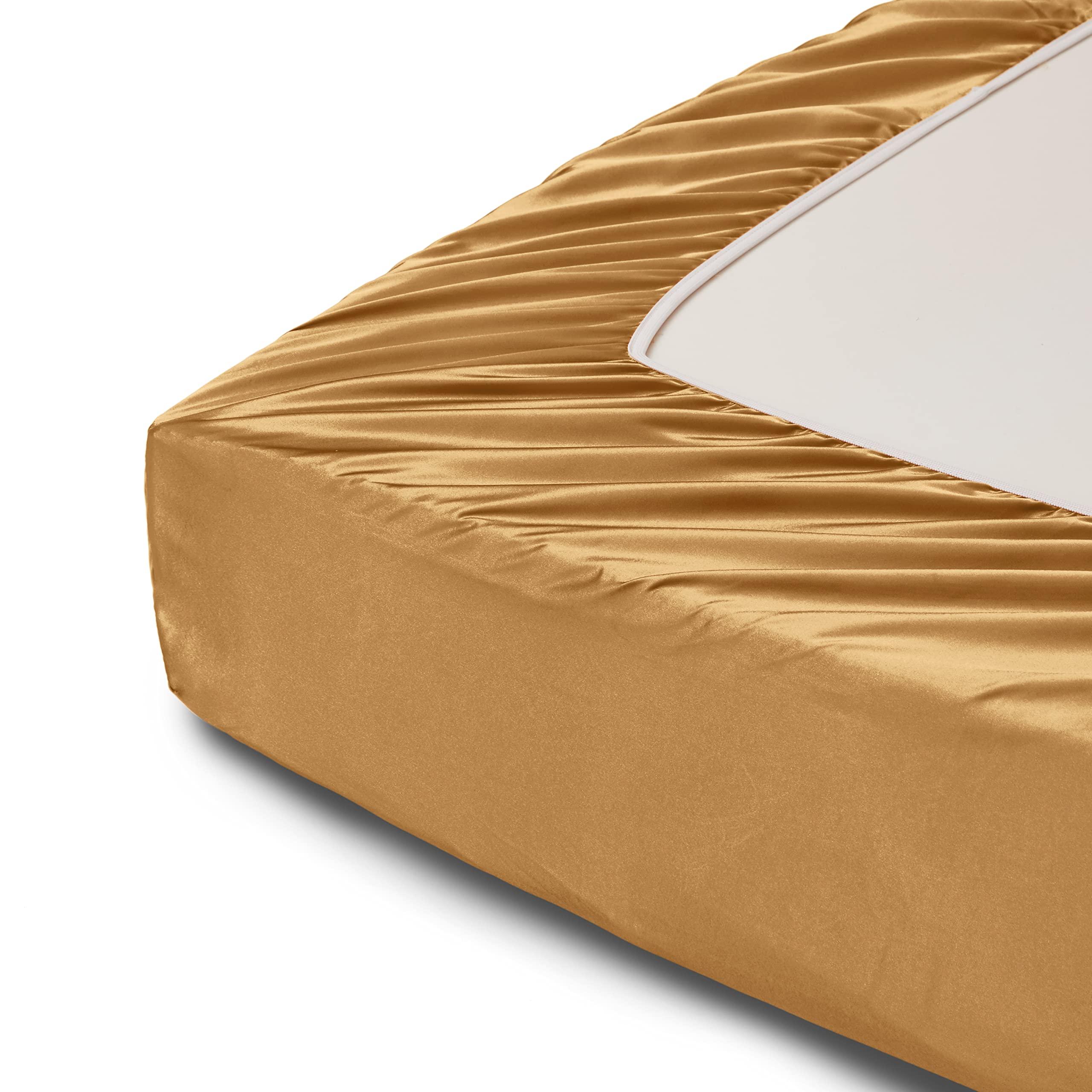 RU BEDDING RU BEDDING 100% Pure Silk Satin Sheet Set 6pcs, Silk Fitted Sheet 12 Inch Deep Pocket Silk Flat Sheet&Silk Pillowcases Set Soft Silk Sheets (Queen Gold)